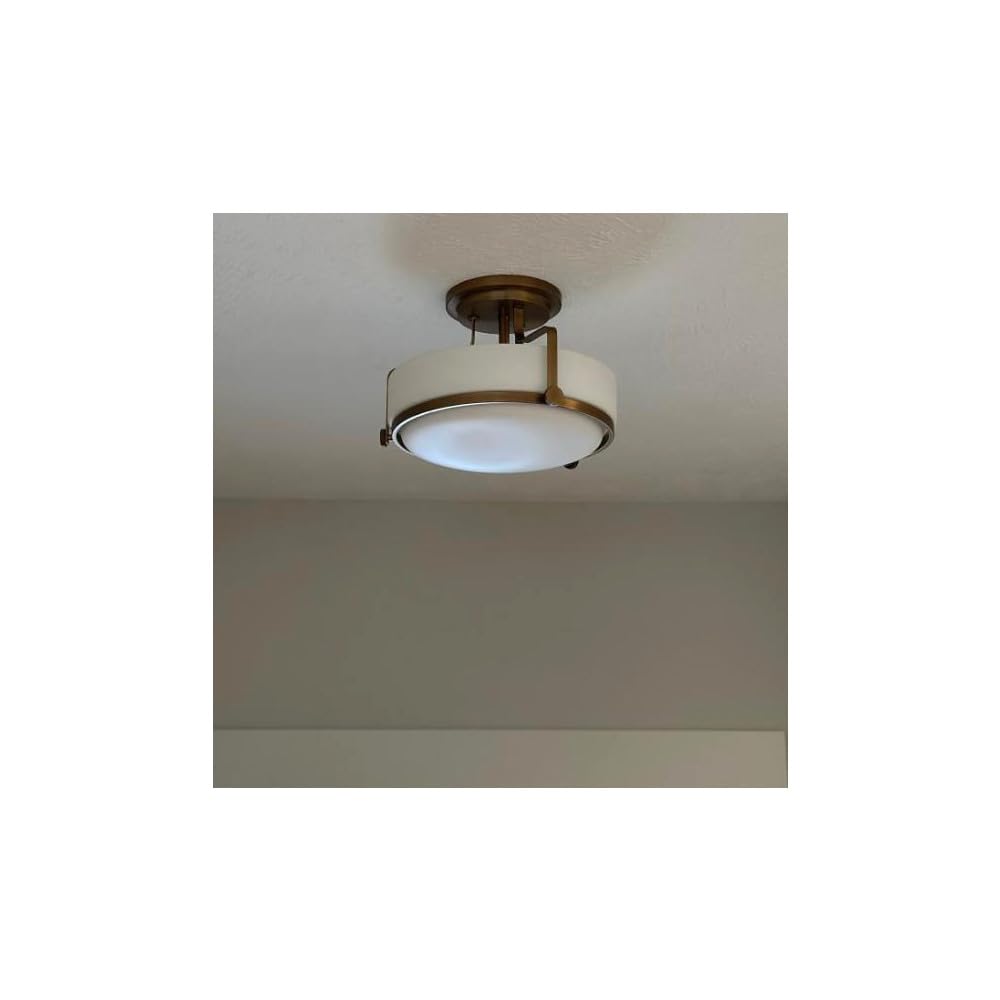 Hinkley Harper Medium Semi-Flush Mount Ceiling Light for Kitchen, Bedroom, Bathroom, and Hallway, Sleek, Retro Style Heritage Brass and Etched Opal Glass
