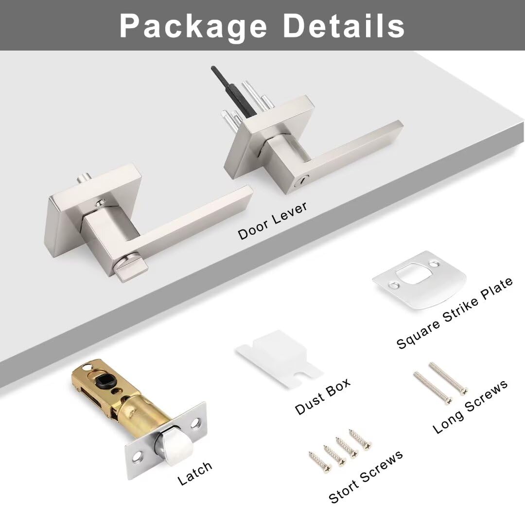 NIZADO 10 Pack Brushed Nickel Bed Bath Door Lever, Square Privacy Lever Door Handles, Keyless Heavy Duty Interior Door Handles, Reversible for Left Right Doors
