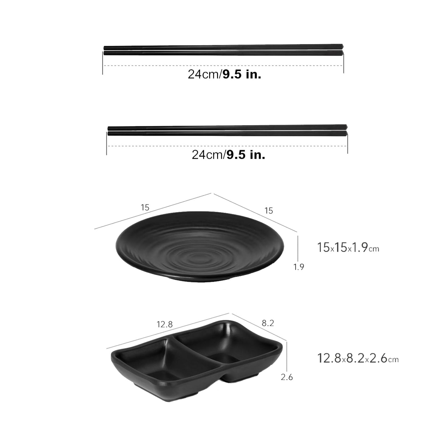SYXLTSH Ramen Bowl Set of 2, with 2 Pairs Chopstick, 2 Soup Spoon, 2 Styles Dipping Saucers, Melamine Bowls for Nodles Salad Rice Dining Serving Kitchen 9" Black (Classic Bowls Set of 2 (12pcs))