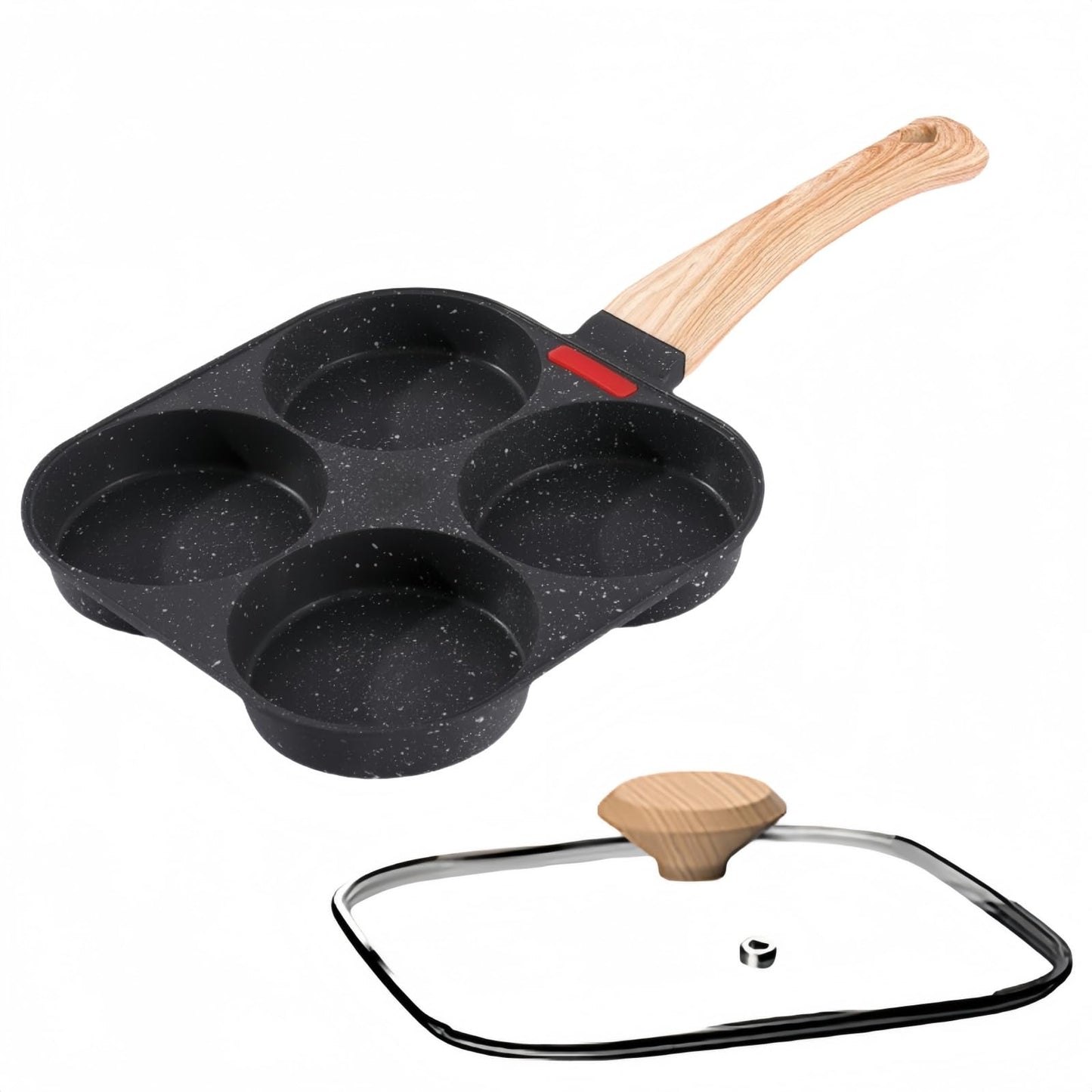 HUPECHAM Egg Pan With Lid 4-Cup Nonstick, and Healthy Granite Egg Frying Pan, Versatile Breakfast Skillet for Eggs, Pancakes, Plett, Crepes, Compatible with Gas Stove and Induction Cooktop