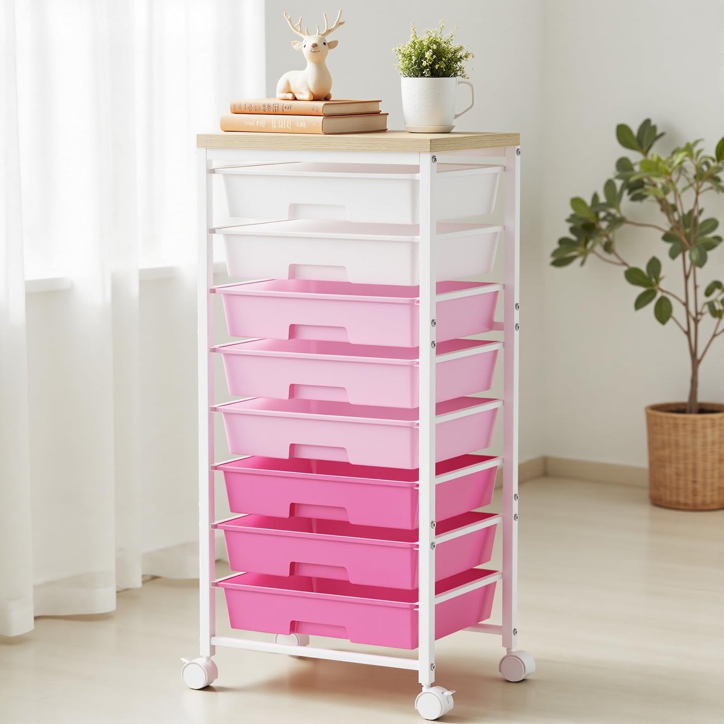 Rolling Cart with 8 Drawers, Plastic Drawer Storage Carts with Wheels & Wooden Tabletop, Metal Utility Cart Organizer for Bedroom Living Room Office Classroom Craft Organization and Storage, Pink