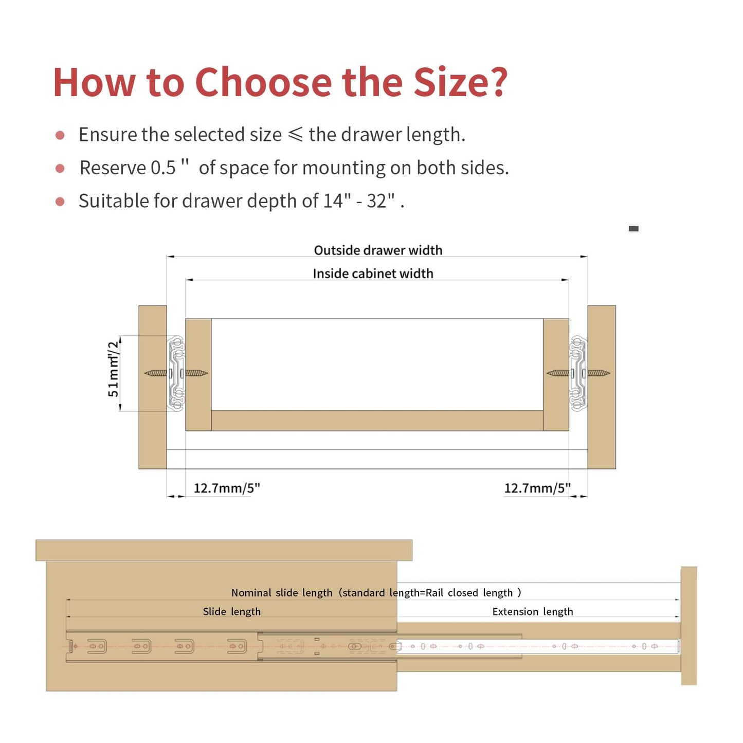 SLIDEWAY 200 Lbs Heavy Duty Drawer Slides 1 Pair 8 10 12 14 16 18 20 22 30 32 40 Inch Full Extension Ball Bearing Sliding Rails Cabinet Runners Tracks Tool Box Glides-14 Inch
