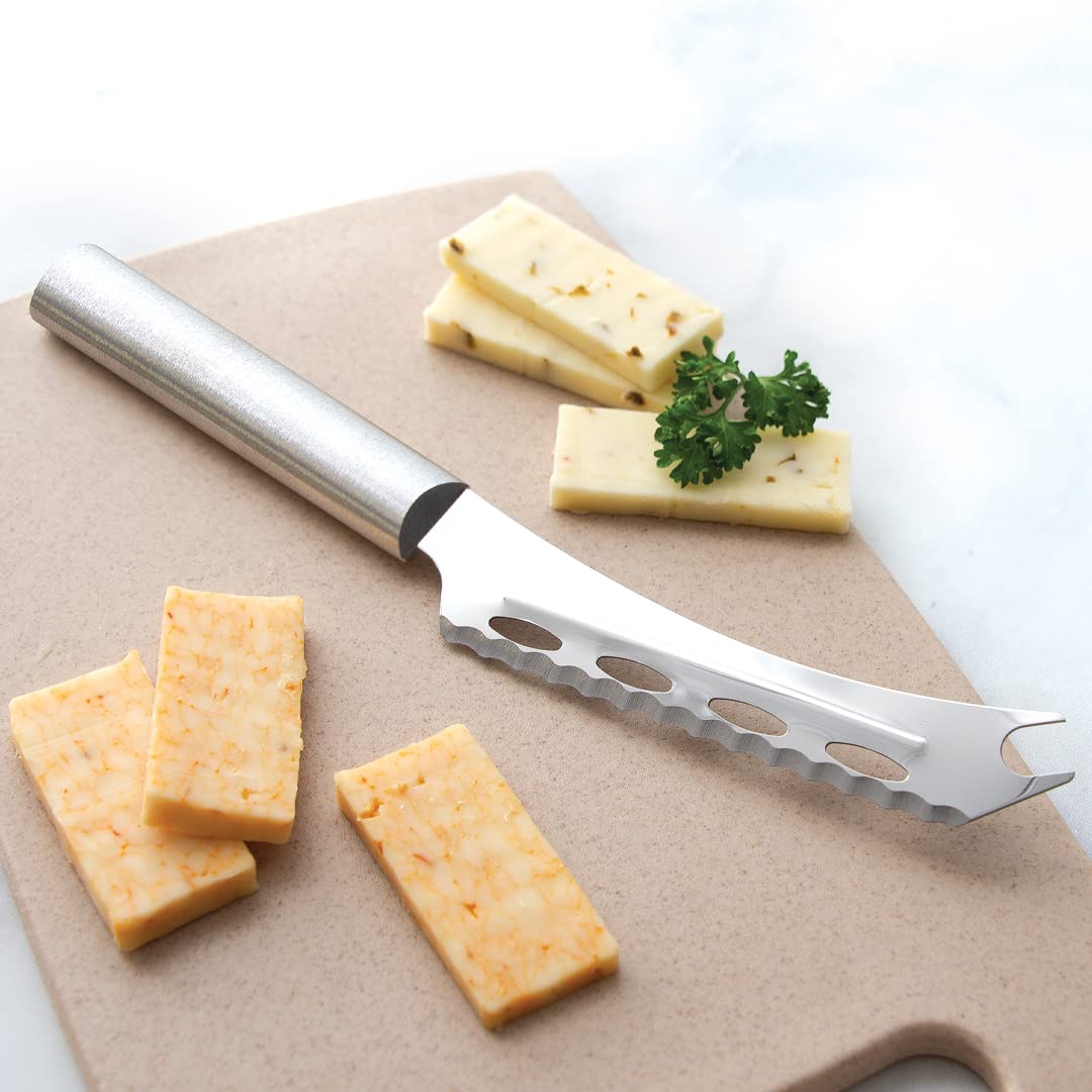 Rada Cutlery Cheese Knife (R139), 5.25" Stainless Steel Serrated Blade with Ridged Cutouts and Forked End, Silver Handle