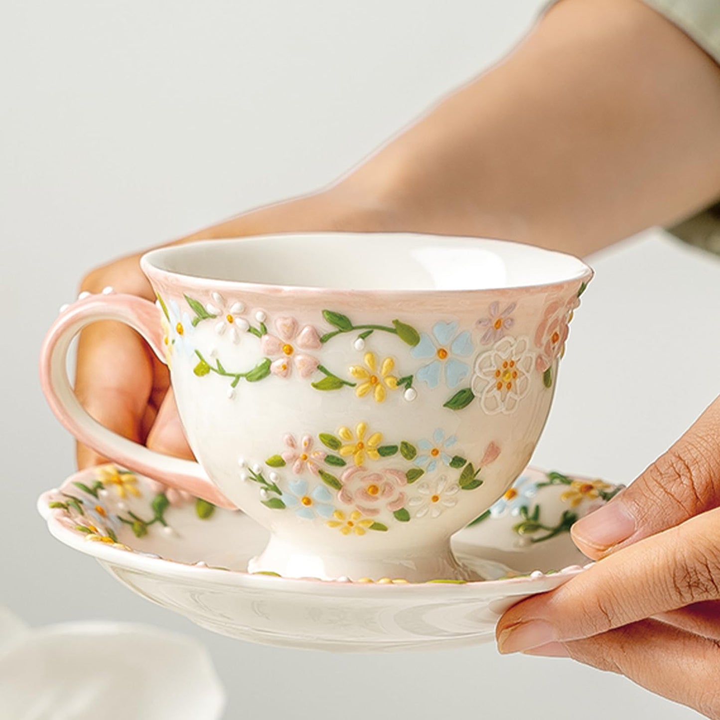 ZLUDIO Handmade Ceramic Cup and Saucer Set, 7 Oz Flower Bone China Cappuccino & Tea & Latte Coffee Cup For Women Tea Party & Christmas & Mother's Day(1 Set, Pink)