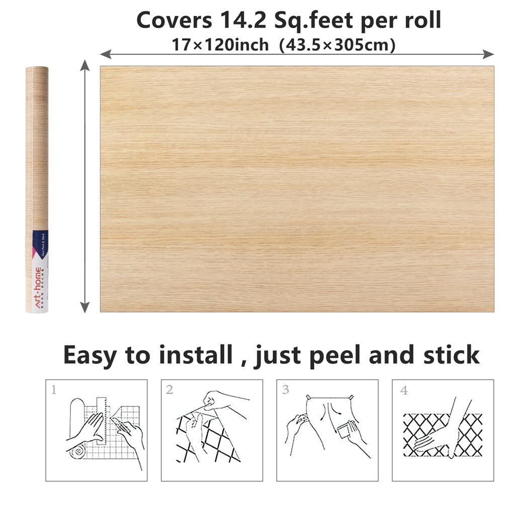 Arthome 16.5" x120''Peel and Stick Oak Wood Contact Paper Self-Adhesive Wall Paper,Decorative Vinyl Film for Countertop, Cabinets, Shelf, Drawer Liner,Easy to Clean Removable Wall Covering