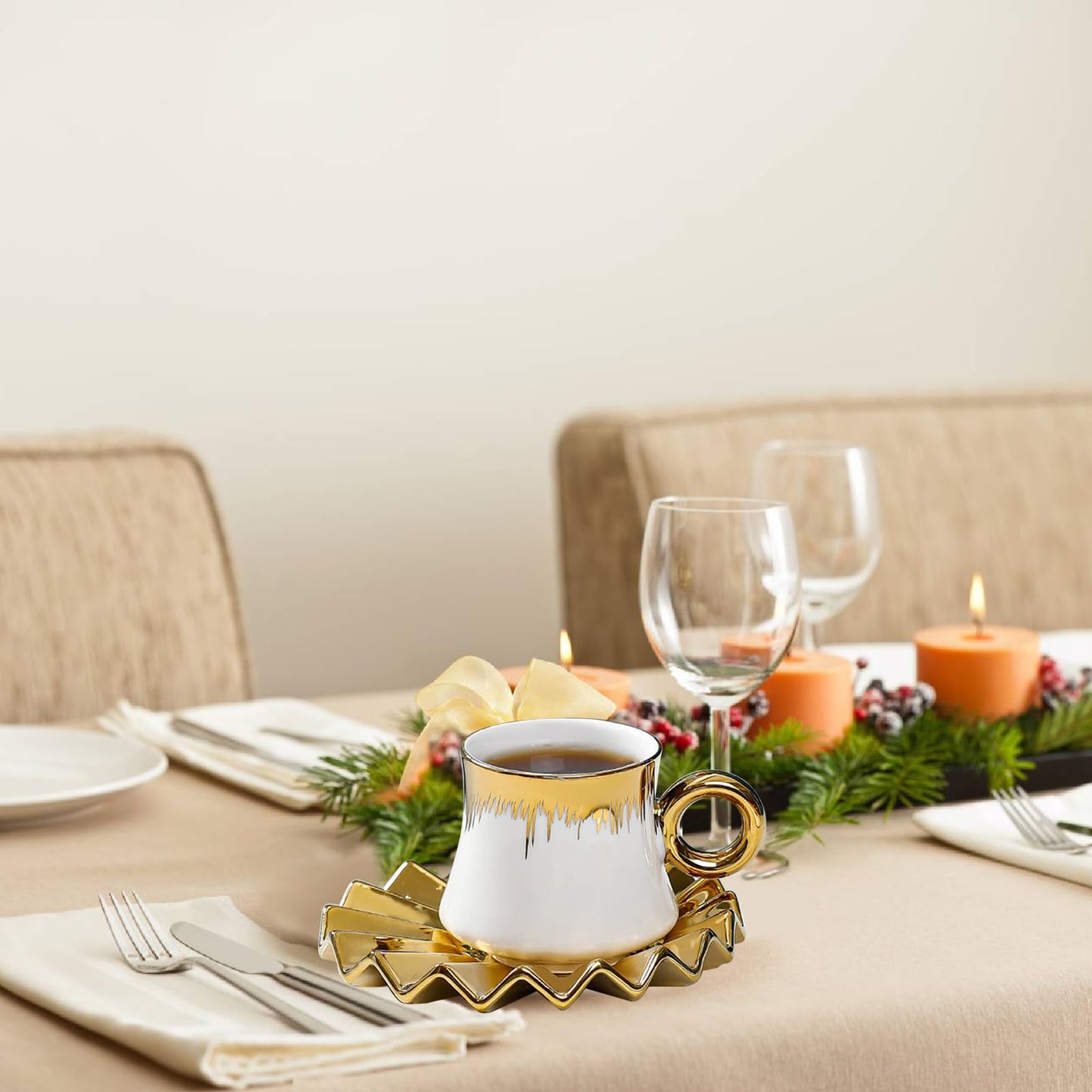 Kytree 3.5oz Ceramic Turkish Coffee Cup Set of 6, Porcelain Espresso Cups and Saucers British Italian Cappuccino Cups with Gold Trim for Double Espresso Cappuccino Latte Mocha Tea (White)