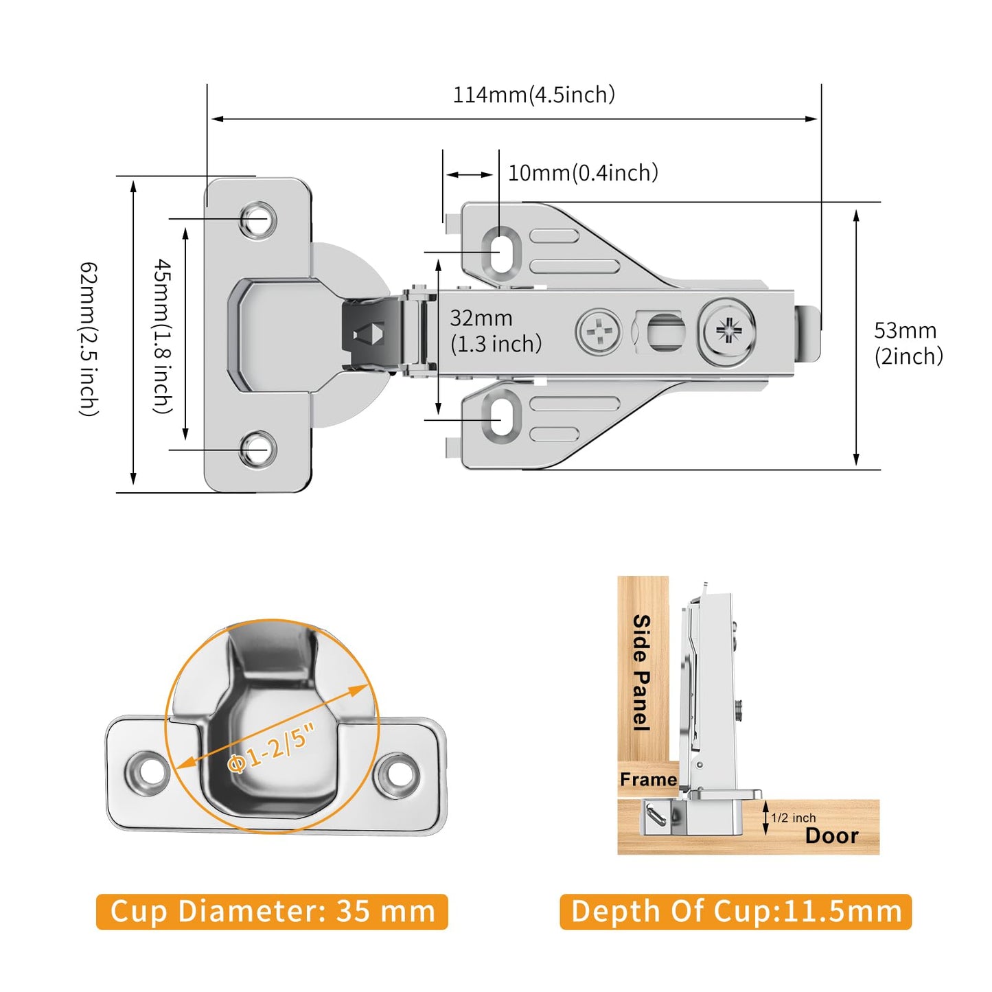 Chibery 20 Pack Full Overlay Soft Close Concealed Hinges, Small Door Gap, Clip-on Plate, Face Frame Door, Self Closing Hidden Satin Nickel 3D Hinge, 105° Open Angle Concealed Stainless Steel Hinges