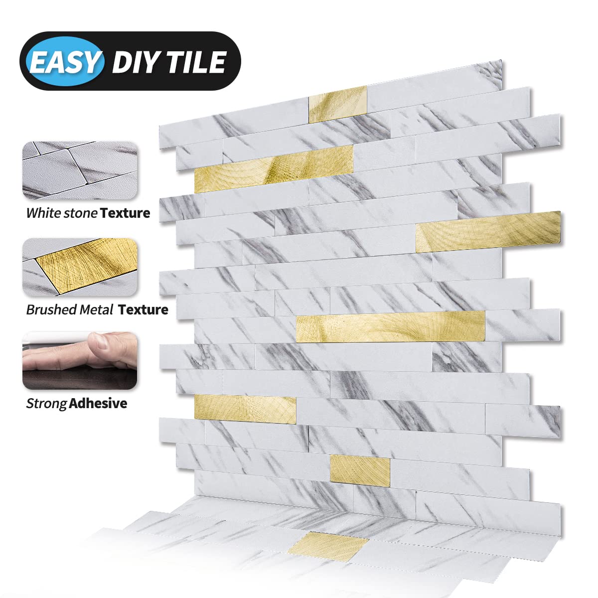 Art3d 10-Sheet Peel and Stick Backsplash Tile for Kitchen Bathroom Fireplace Laundry Room in White Slate with Gold Studded