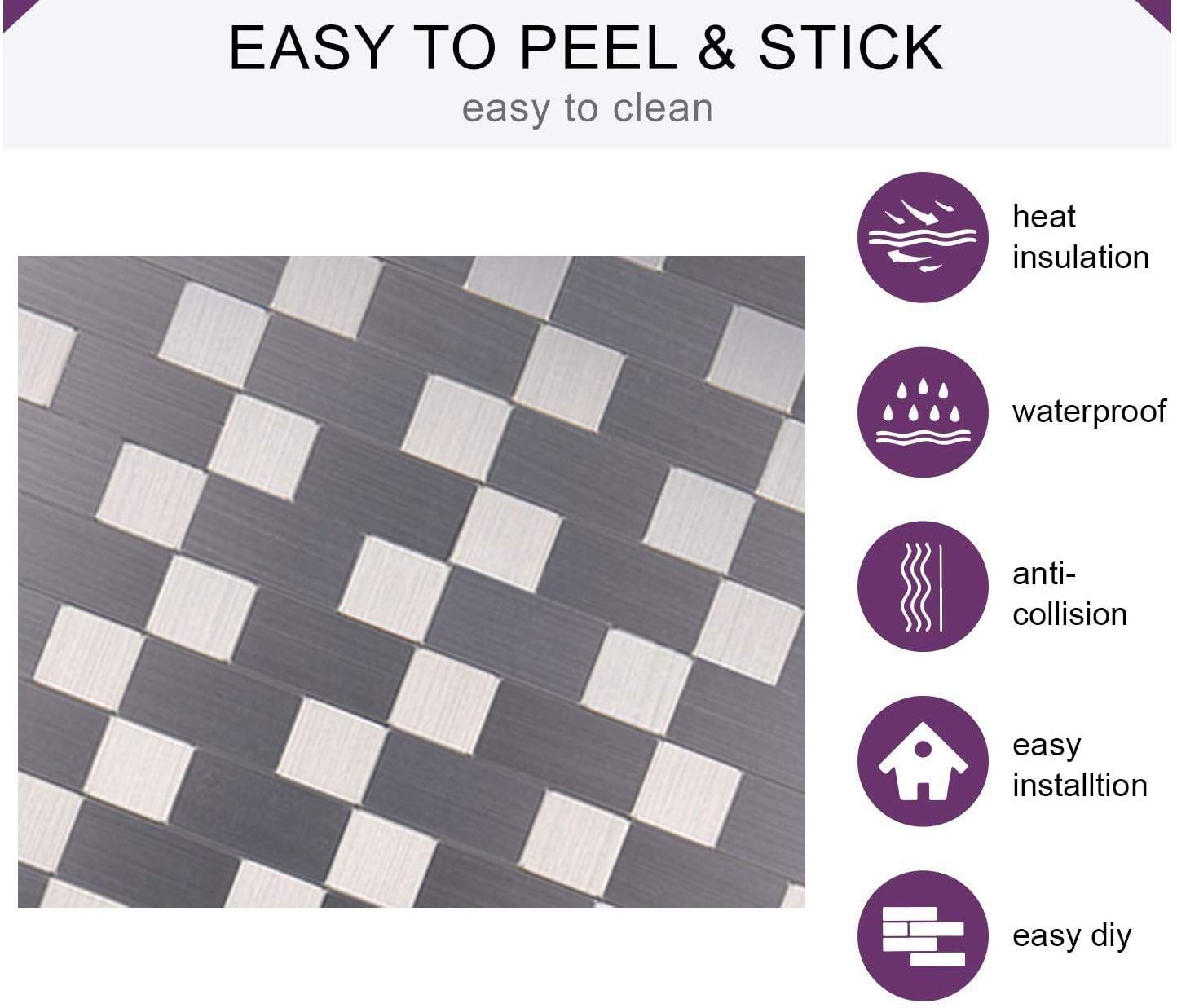 XUANINY Peel and Stick Metal Backsplash Tiles, Self Adhesive Aluminum Mosaic 3D Wall Sticker for Kitchen (Square +Rectangle Stainless Steel, 5 Sheets)