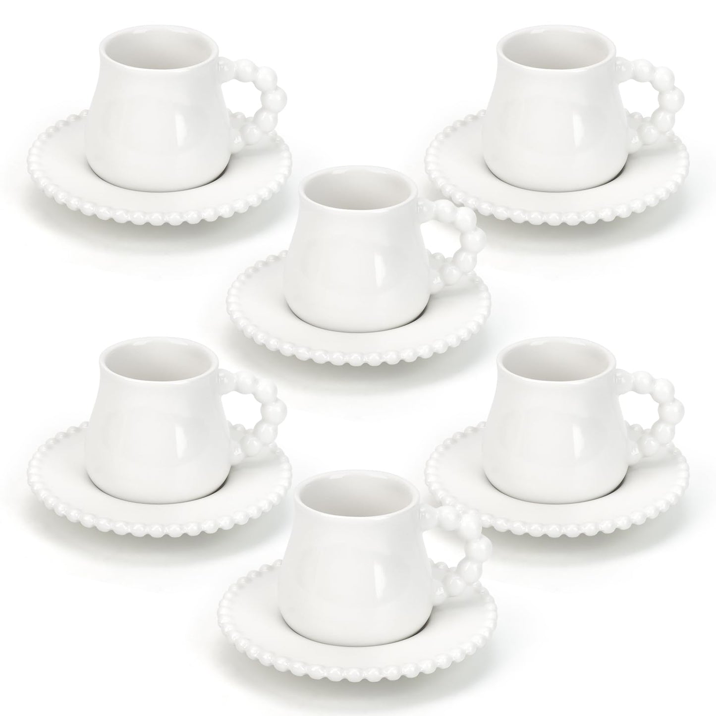 Hebaogugu Coffee Cup Set of 6 with Saucers, 3.5 OZ Ceramic Espresso Cups, Elegant Deco Turkish Coffee Cup Gift for Cappuccino, Latte, Cafe Mocha and Tea, Dishwasher & Microwave Safe (Pearl White)
