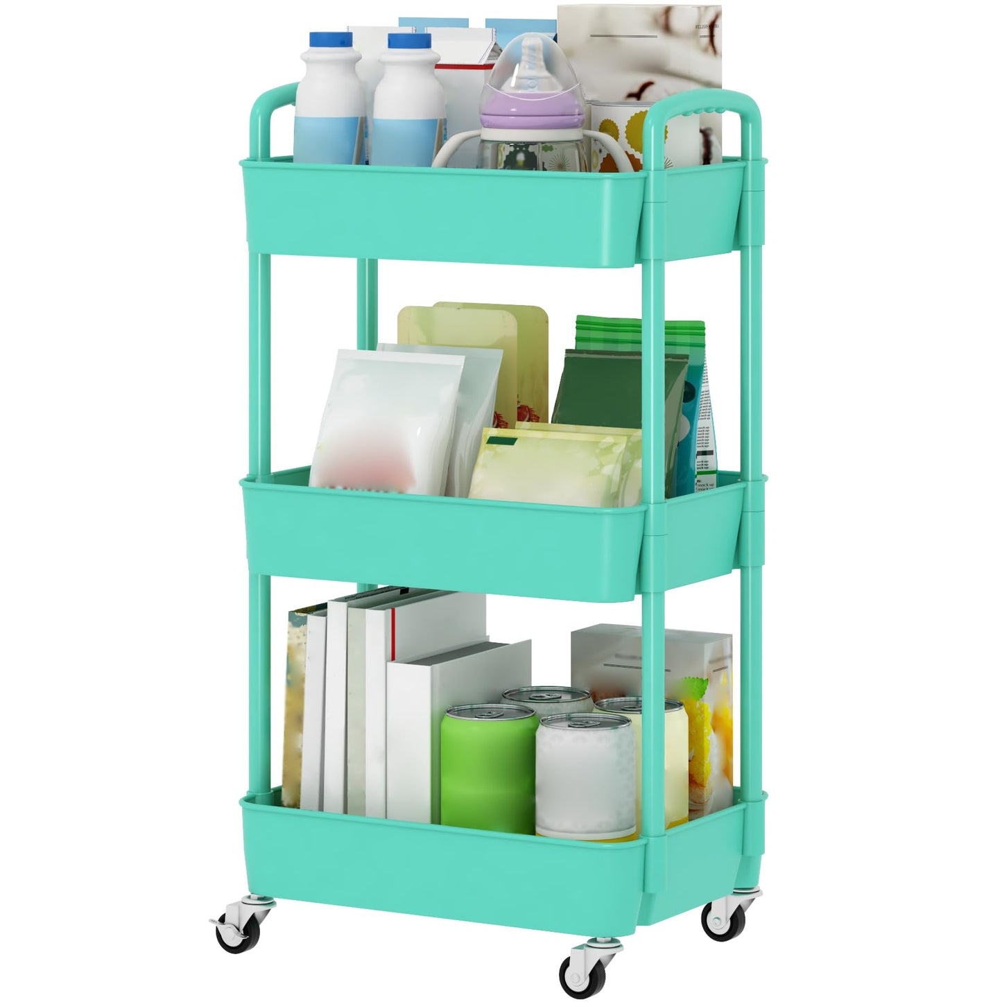Sywhitta 3-Tier Plastic Rolling Utility Cart with Handle, Multi-Functional Storage Trolley for Office, Living Room, Kitchen, Movable Storage Organizer with Wheels, Green