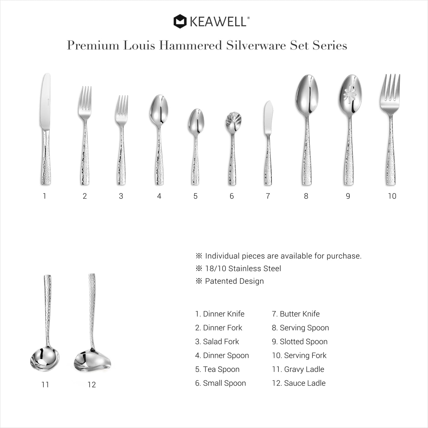 KEAWELL Premium Louis Hammered Table Utensils, 18/10 Stainless Steel, Squared Edge, Mirror Finish, Dishwasher Safe (Serving Forks, Set of 2)