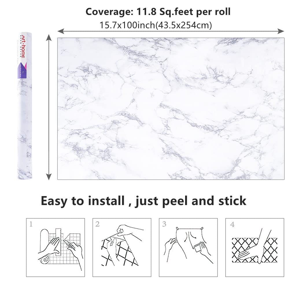 Arthome White Marble Contact Paper - Peel and Stick Wallpaper - Self-Adhesive & Removable Wall Paper for Furniture Desk, Kitchen Countertop, Cabinet, Shelf Liner, Wallcovering, (17"x120")