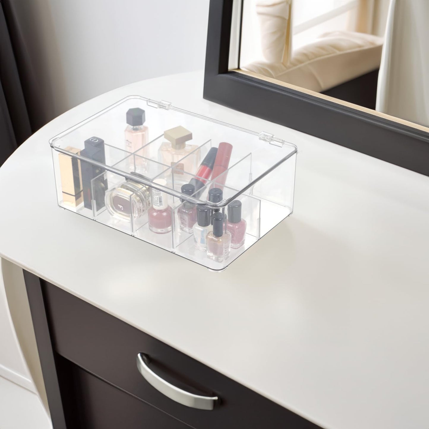ZEXALOR Clear Tea Bag Organizer, Dresser Organizers Drawer Organzier Storage Container with Removable Dividers, Plastic Storage Bin with Lid, Organizer for Scarves Ties Bras