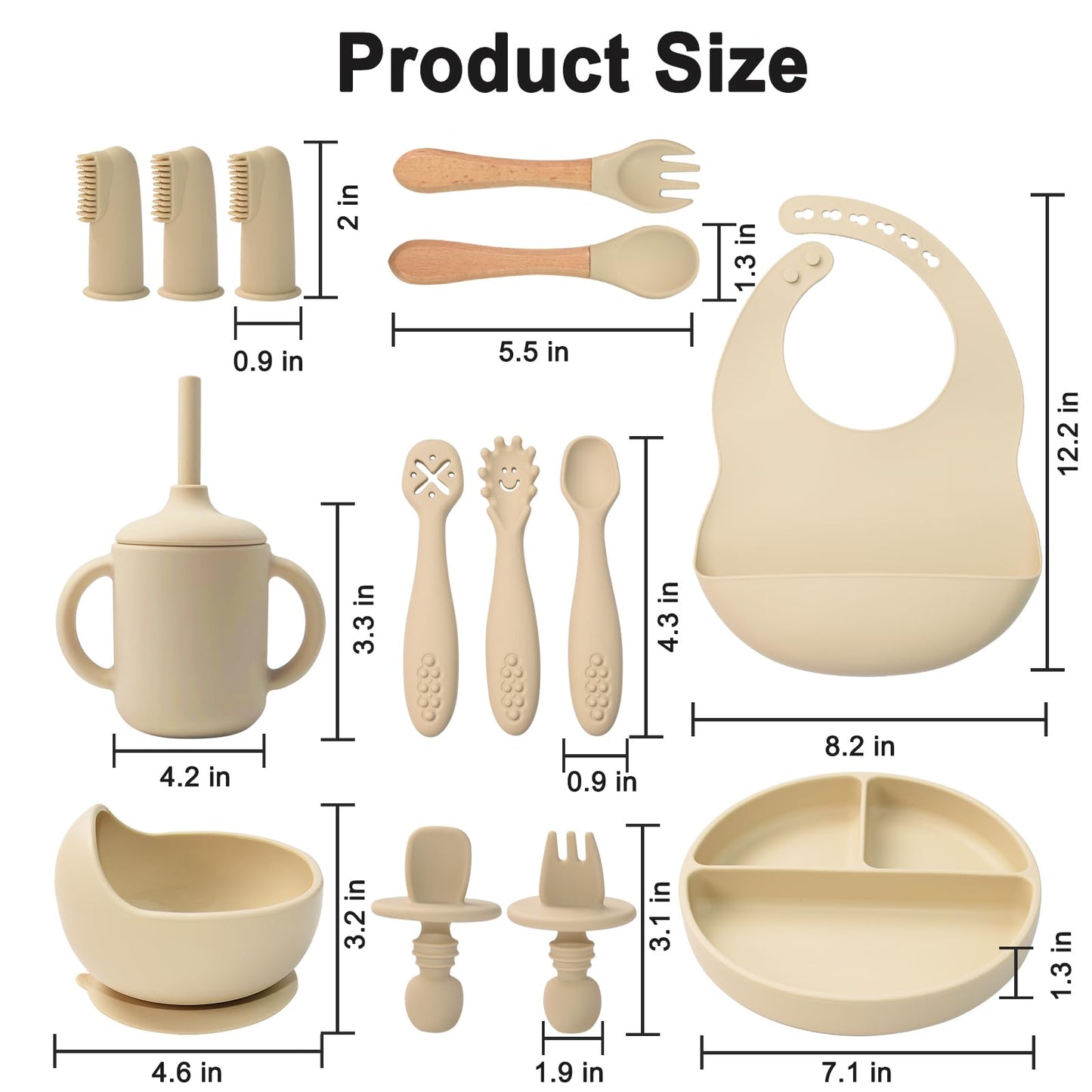 LITTLE RAWR Silicone Baby Feeding Set 14 Pcs,Baby Led Weaning Supplies, Baby Spoons Suction Bowl Divided Plate Bib Cup Finger Brush,First Stage Solid Food Eating Utensils - 6+ Months(Beige)