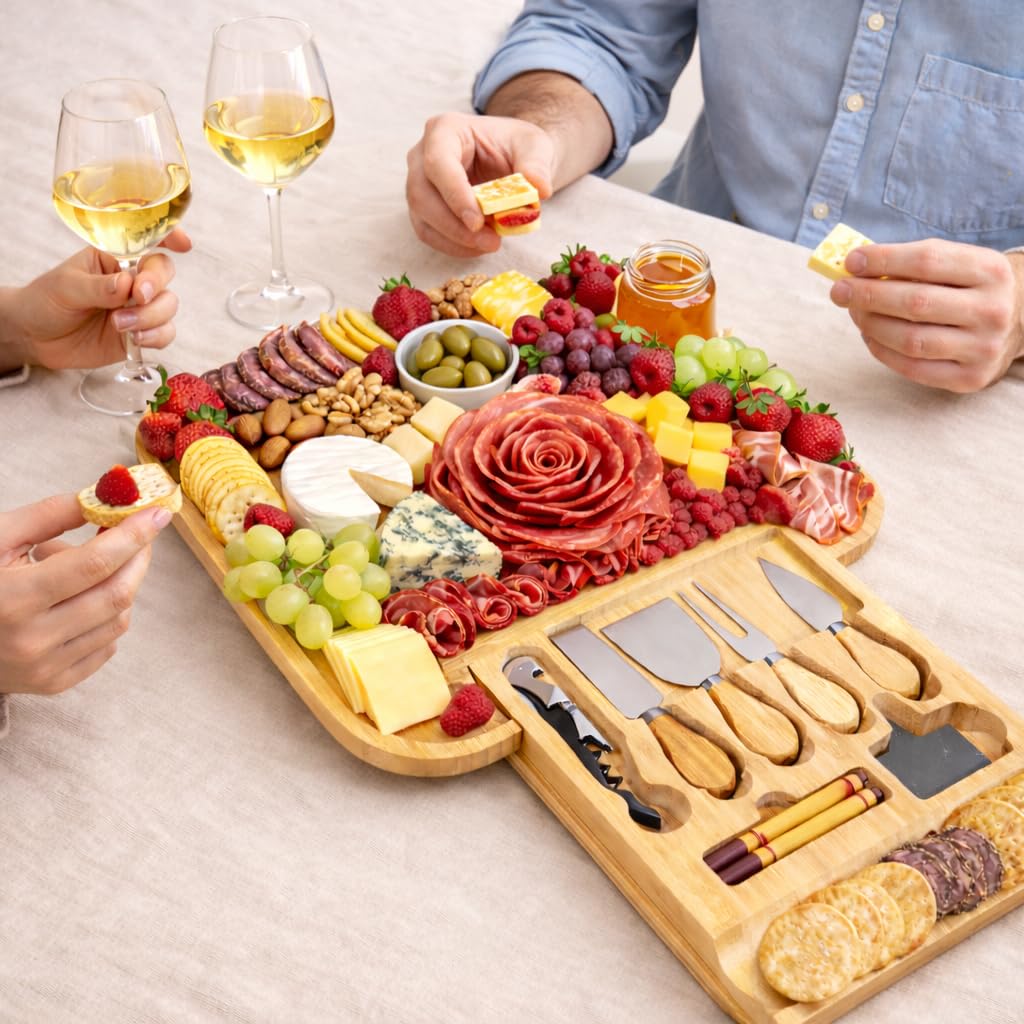 Charcuterie Board Set with Knife Drawer – Large Bamboo Cheese Board Set with Knives, Serving Board for Meat, Cheese & Appetizers – Housewarming & Wedding Gift