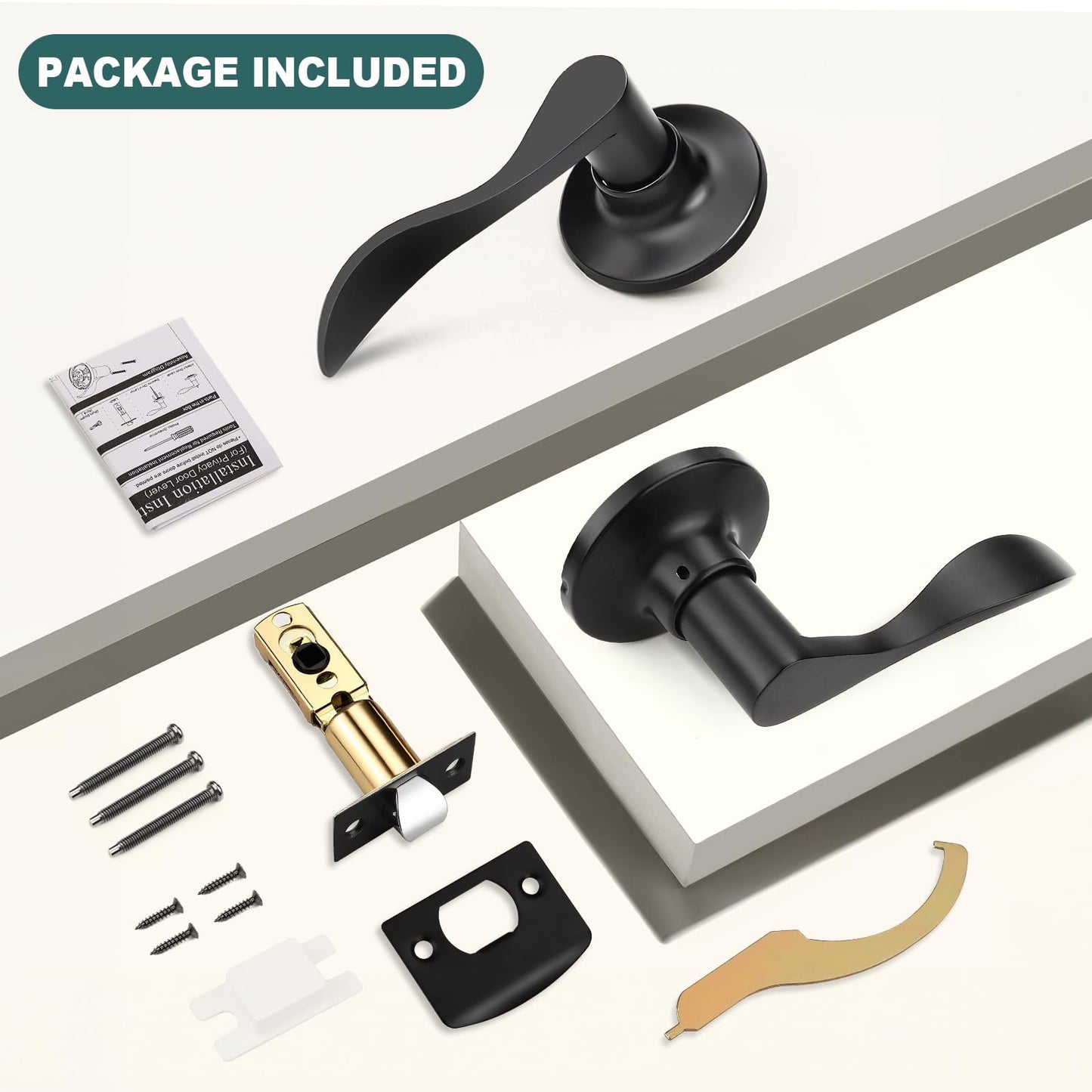 GOBEKOR 3 Pack Passage Door Levers Hallway Closet Door Handles Interior Door Handle with Lock Keyless Matte Black Wave Door Handle Lever Set