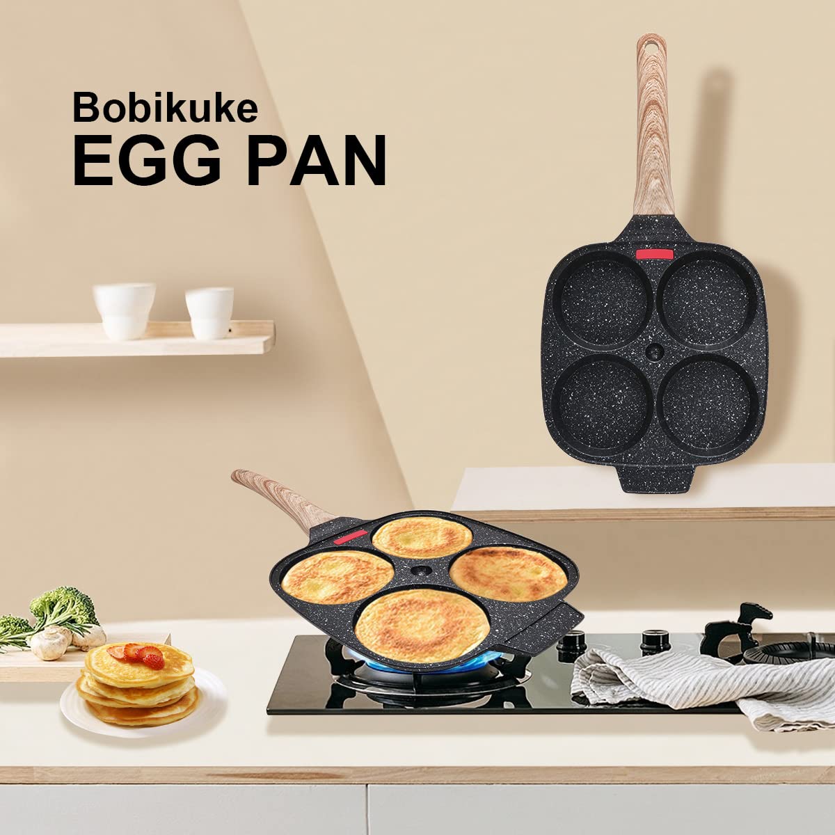 Bobikuke 4-Cup Egg Pan Nonstick, Egg Frying Pan with Lid Pancake Pan, Omelet Pan Induction Compatible for Breakfast- Black