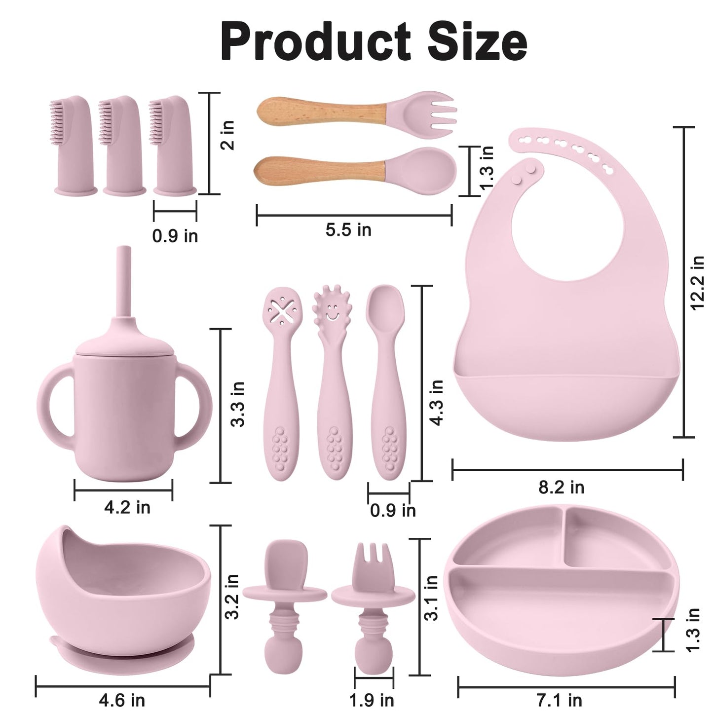 LITTLE RAWR Silicone Baby Feeding Set 14 Pcs,Baby Led Weaning Supplies, Baby Spoons Suction Bowl Divided Plate Bib Cup Finger Brush,First Stage Solid Food Eating Utensils - 6+ Months(Light Pink)