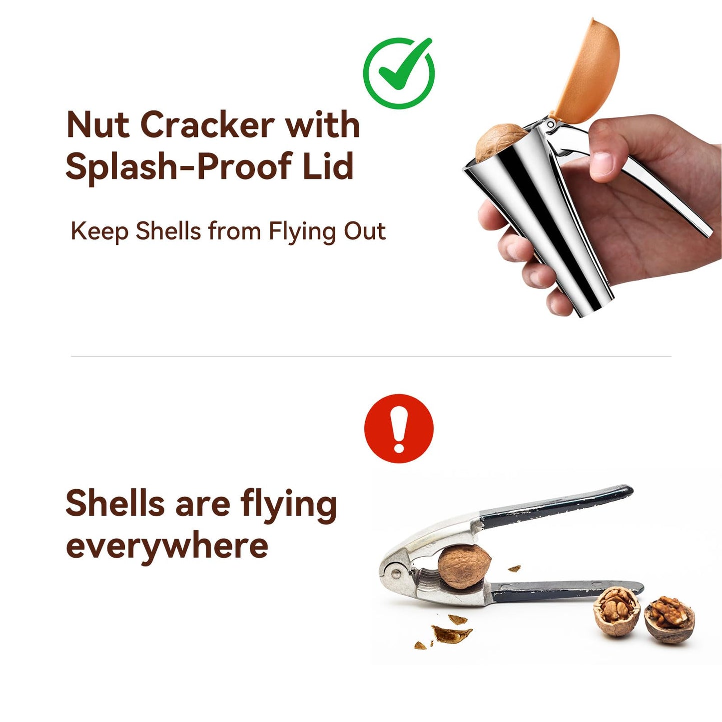 Nut Cracker, Heavy Duty Nutcracker with Splash-Proof Lid, Walnut Cracker Tool with Ergonomic and Self-Retracting Handle -Cracks Large to Medium Sized Nuts With Little Effort