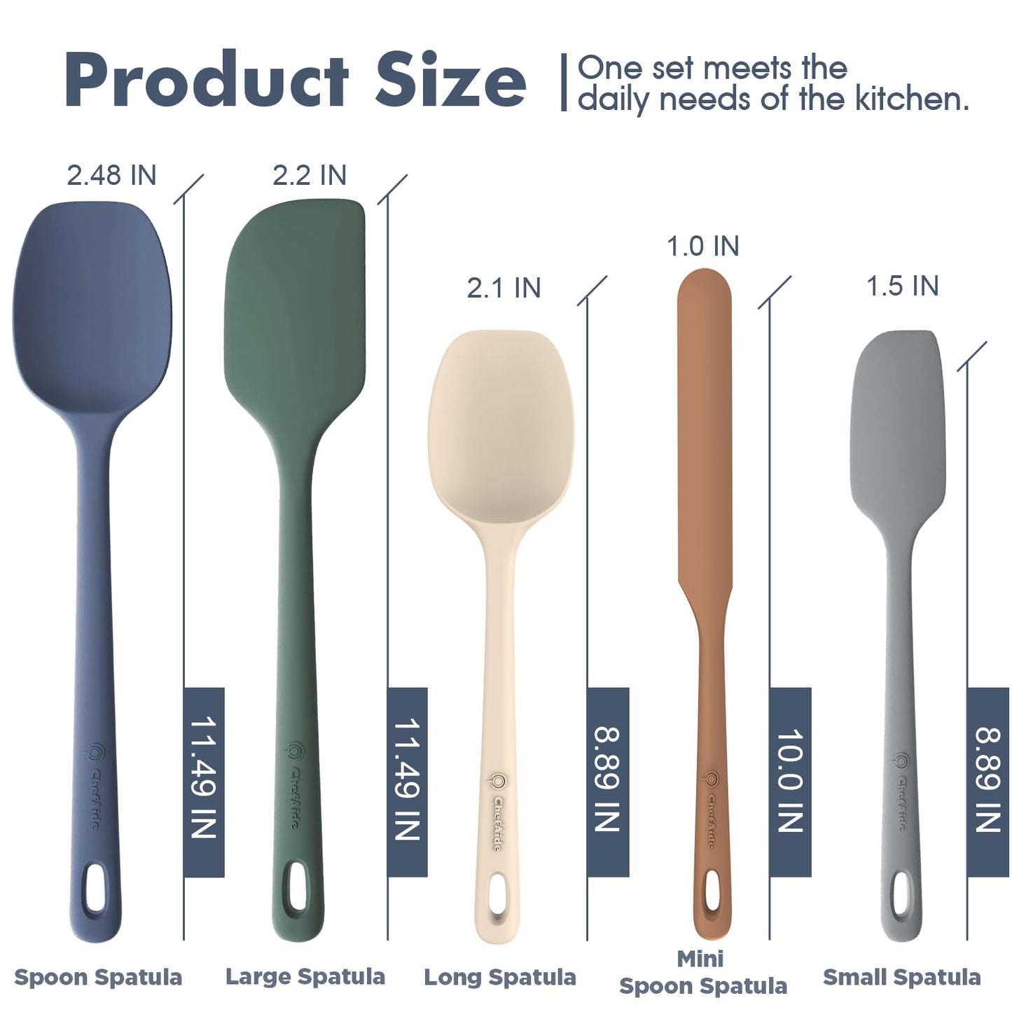 ChefAide 5 Pieces Silicone Spatula Set, Food Grade Rubber Spatula, Upgrade Strong Handle with Ergonomic Grip, Heat Resistant Up to 600°F for Nonstick Cookware, Cooking