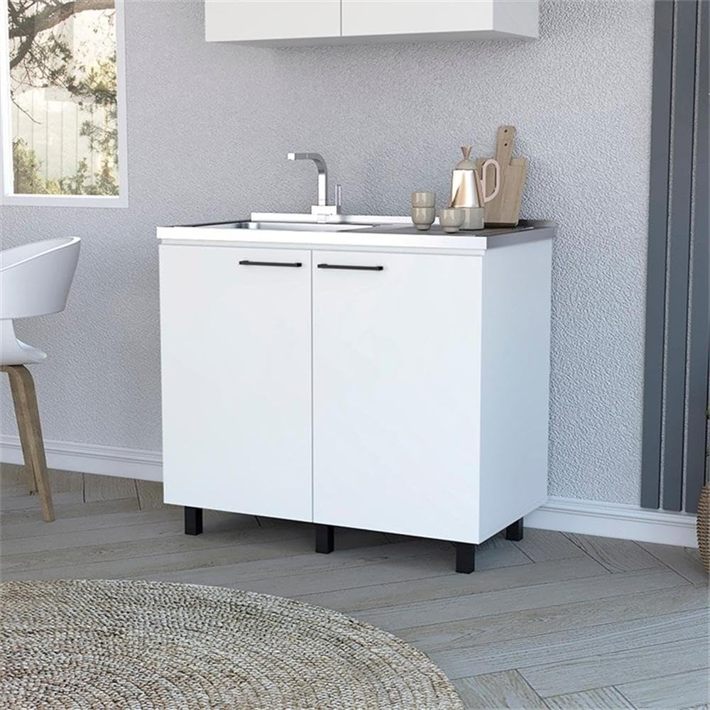 Tuhome Napoles Utility Sink with Cabinet, Stainless Steel Countertop, Interior Storage Shelf, Wide Dual-Door Base Cabinet,Modern Multi-Purpose Laundry and Kitchen Utility Station for Home Organization