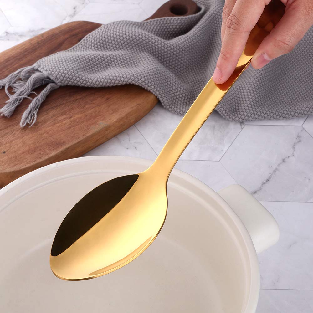 BOOTLION 13-Inch Serving Spoons Set of 4, Stainless Steel Buffet Banquet Spoon,Gold Long Handle Serving Spoons for Catering, Kitchen Dishwasher safe