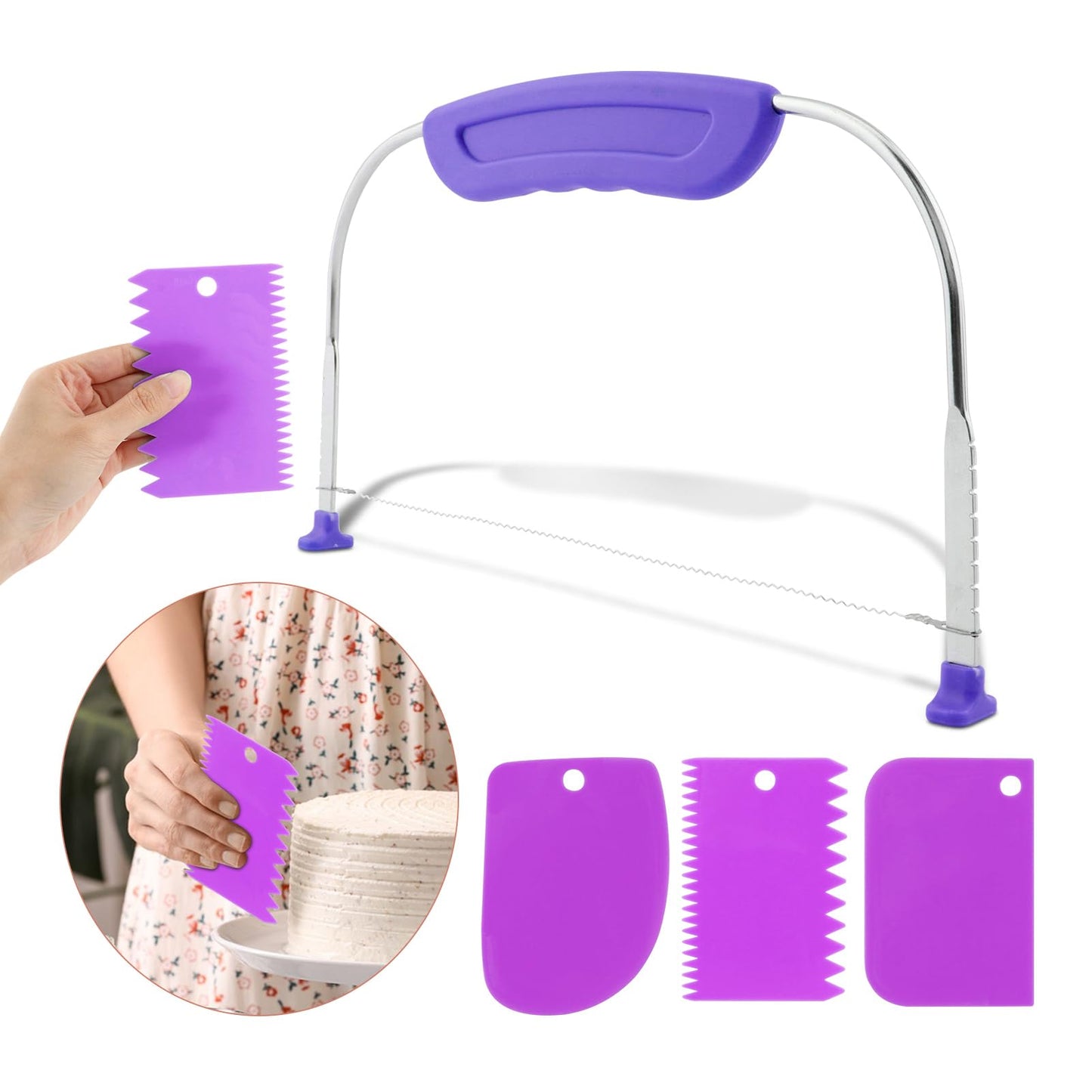 JIANWEI Adjustable Cake Leveler and Scraper Set, 4pcs Decorating Kit, Large Size Slicer, Decorating Comb, Pastry Cutter for Mousse Butter Cream (Purple)