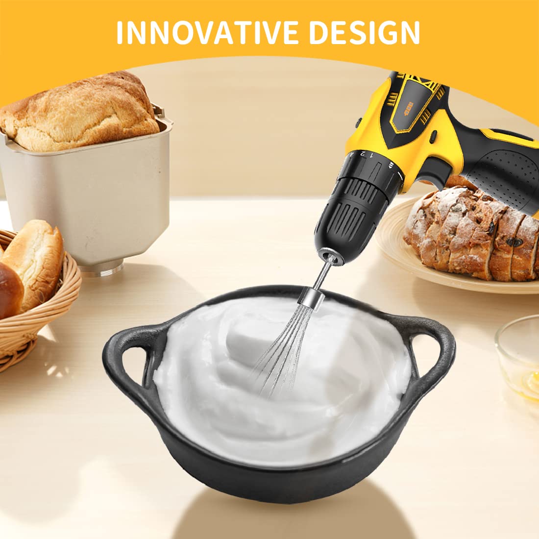 homicozy 3-Piece Stainless Steel Hand Mixer Attachment Set - Whisk, Dough Hook, Egg Beater for Drills - Dishwasher Safe, 7.5 Inch (Drill Not Included)
