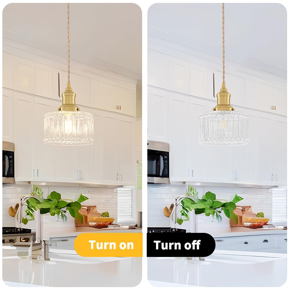 Ditoon Vintage Pendant Lights for Kitchen with Clear Striped Glass Shade, 6.9 In Brushed Gold Pendant Lights Kitchen Island, Small Kitchen Island Lighting Adjustable Hanging Light for Entrance Hallway