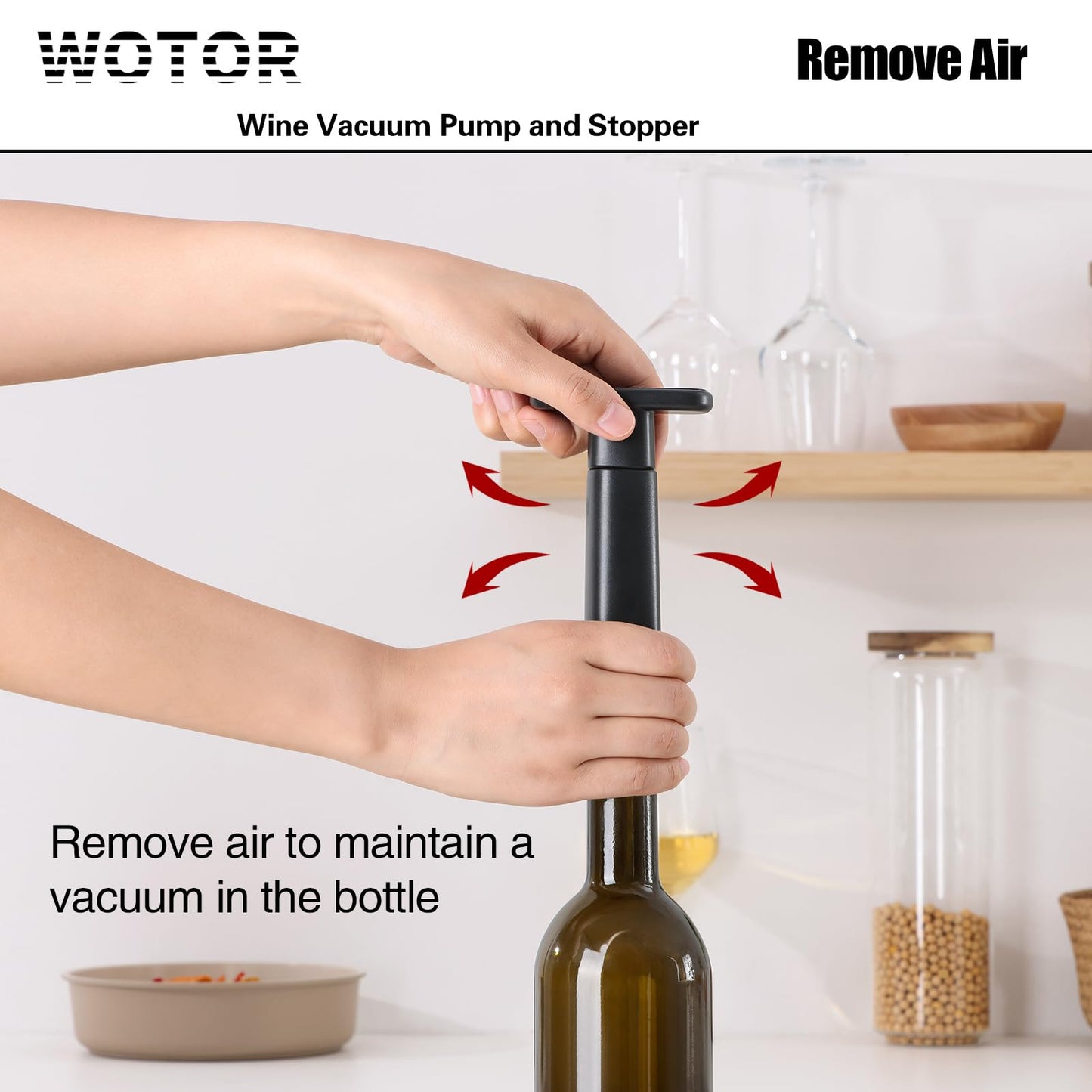 WOTOR Wine Saver Vacuum Pump with 4 Stoppers, Wine Stopper & Preserver, Reusable Bottle Sealer Keeps Fresh, Ideal Accessories Gift (Flat Handle)