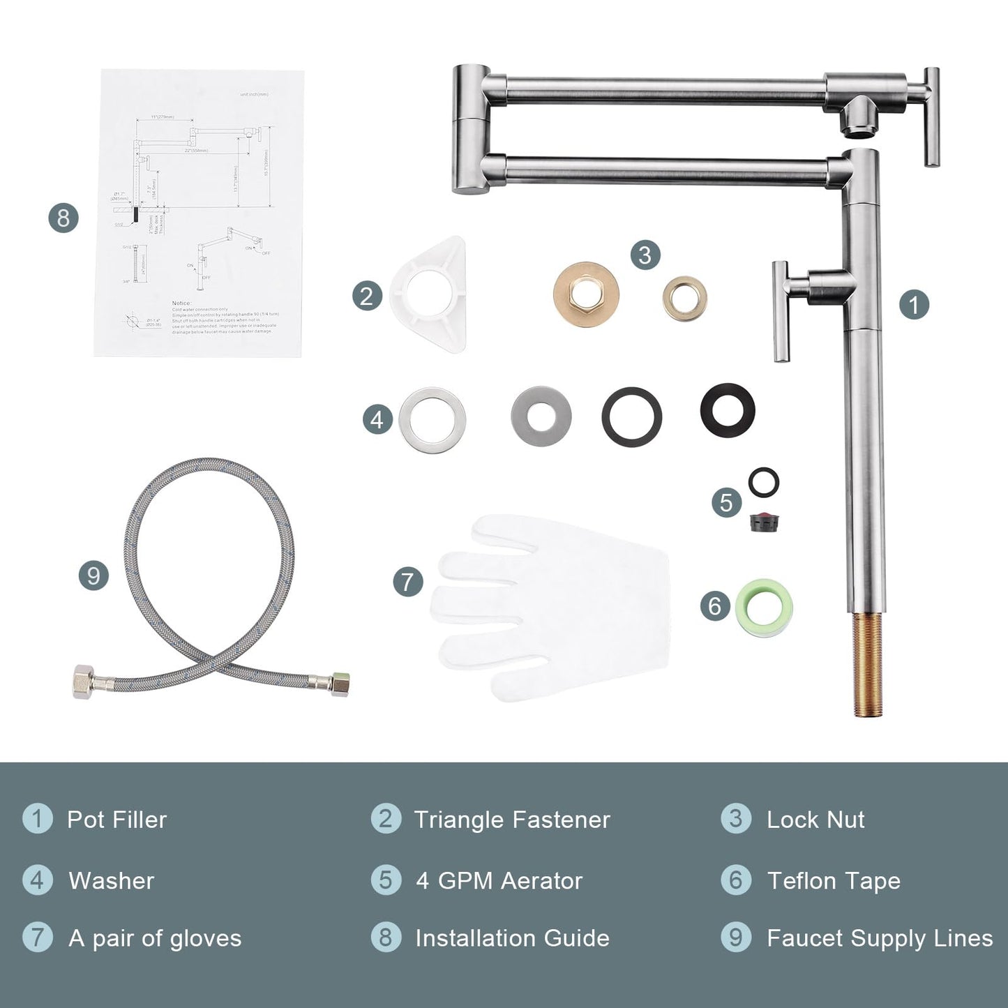 Pot Filler Faucet for Kitchen Sink, Deck Mount Pot Faucets Over Stove, Solid Brass Folding Pot Filler, Brushed Nickel Kitchen Faucet with Double Joint Swing Arms