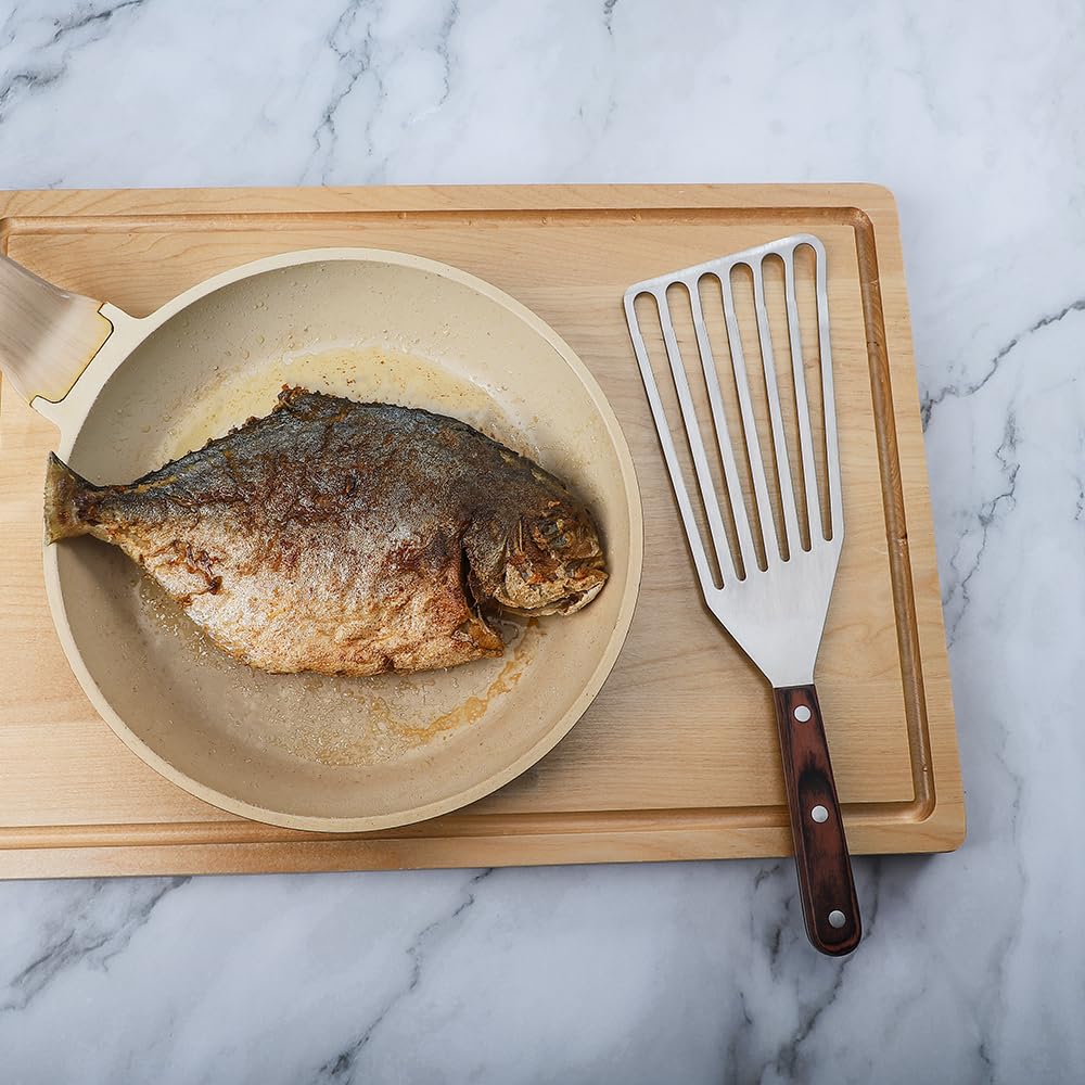MSY BIGSUNNY Heavy Duty Fish Turner, Stainless Steel Slotted Turner with Pakkawood Handle, 4X13 Inches