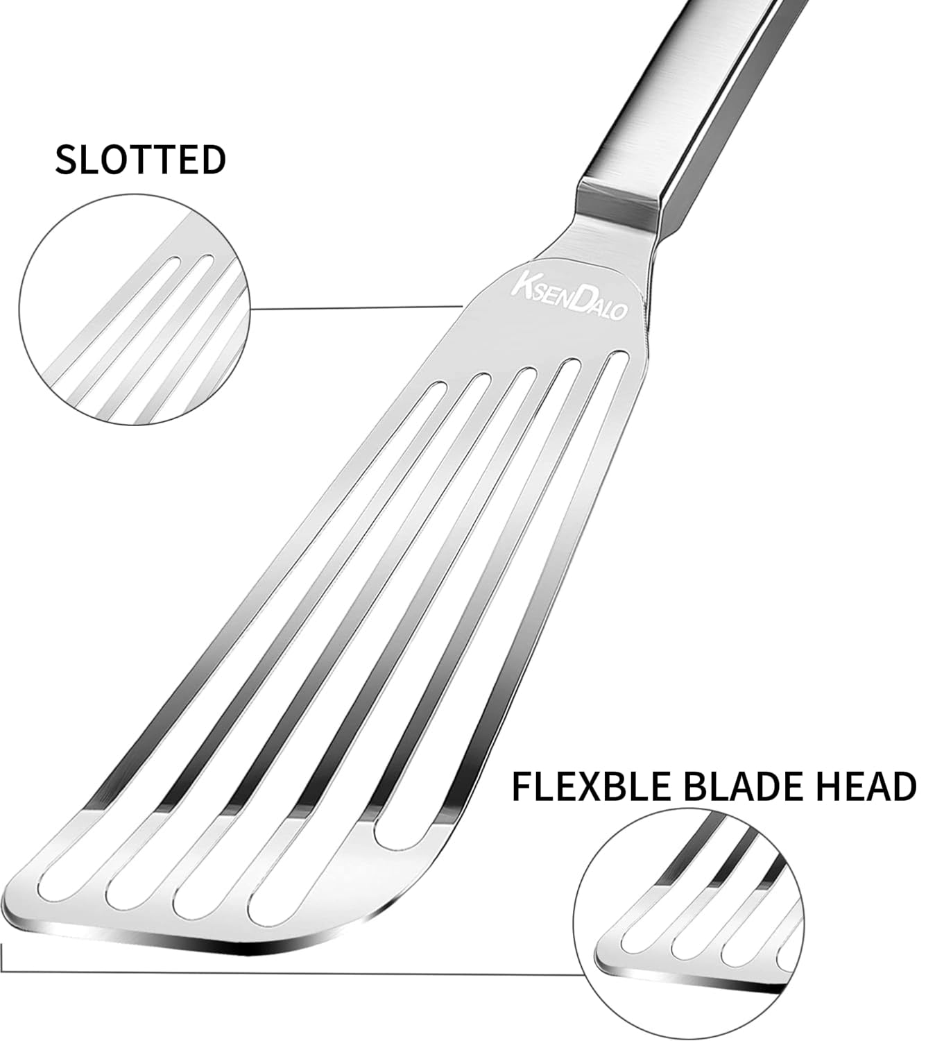 KSENDALO Thin Fish Spatula Stainless Steel -Flexible Slotted Egg Flipper with Angled Blade & Comfortable Hollow Grip, Metal Turner for Fish Egg Omelettes Pancakes, All Cookware, Dishwasher Safe