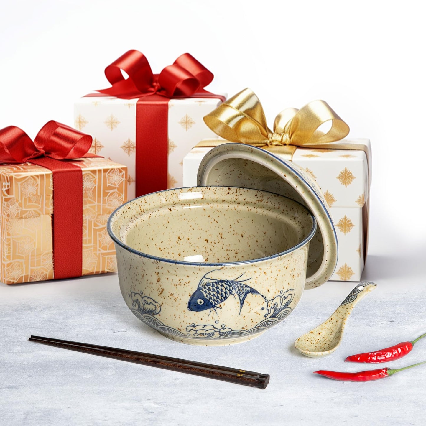 Niturceal Ceramic Ramen Bowl Set Ramen Noodle Bowl with Lid 27oz Japanese Retro Style Soup, Pho, Udon Bowls, Matching Spoons and Chopsticks for Microwave & Dishwasher Safe, Fish