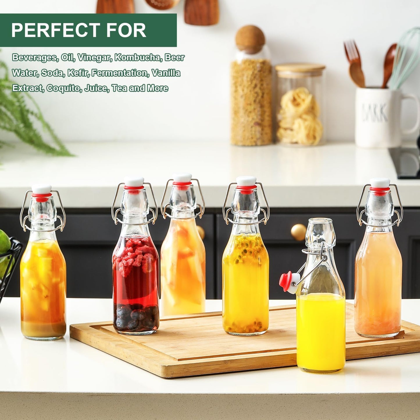 8-Pack 8.5oz Flip Top Glass Bottles, Swing Top Beer Brewing Bottle for Fermentation, Kombucha, Kefir, Vanilla Extract, Coquito, Juice, Soda, Tea - Airtight Stopper Cap Lid, Bonus 2 Bottle Pourers