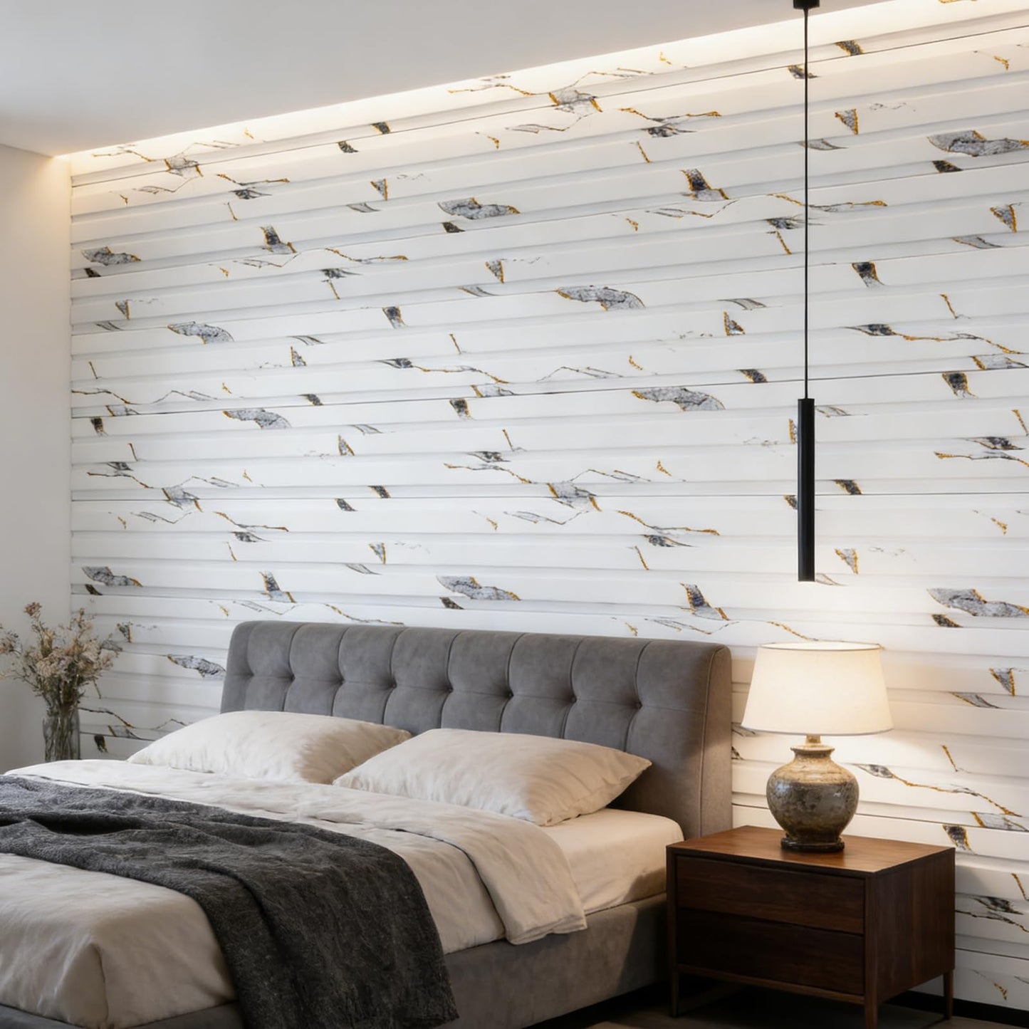 16 Pack Faux Marble Slat Wall Panels for Interior Wall Decor, Waterproof Lightweight Decorative Panels for Accent Wall, DIY Wall Covering for Living Room Bedroom TV Wall, 47.2" × 4.3", White