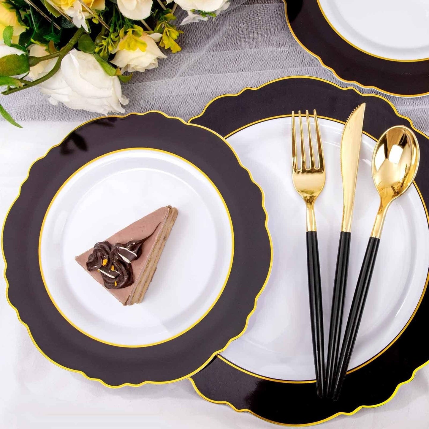 WDF 30Guest Black and Gold Plastic Plates - Gold Plastic Silverware With Black Handle Baroque Black and Gold Disposable Dinnerware for Graduation/Wedding/Party/Birthday