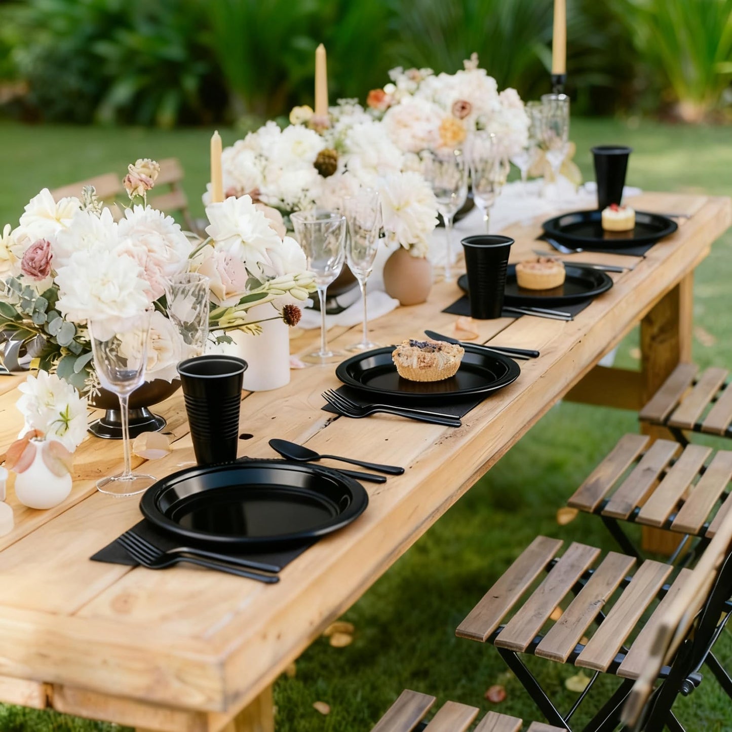 200pcs Black Plastic Party Plates Set, Disposable Black Plates and Napkins for Party, 50 Of Each 9" Dinner Plate, Napkins, Cups & Cutlery Plastic Dinnerware for Retirement, Graduation, Birthday, BBQ