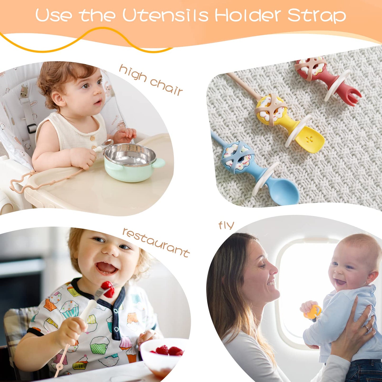 SMAutoLife Toddler Utensils,Silicone Stretch Lids for fork and spoon,Holder Strap Food Grade Silicone Keep Fork and Spoon Off The Floor Great for Baby and Kids Dishwasher Safe (Apricot and Orange)