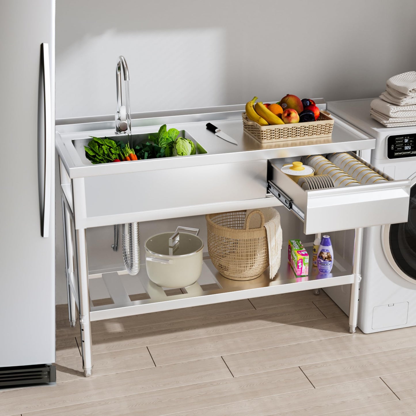 304 Stainless Steel Sink, Free-Standing Commercial Sink with Workbench, Drawer Storage & Hot/Cold Water Pipes for Laundry, Farmhouse & Outdoor Use