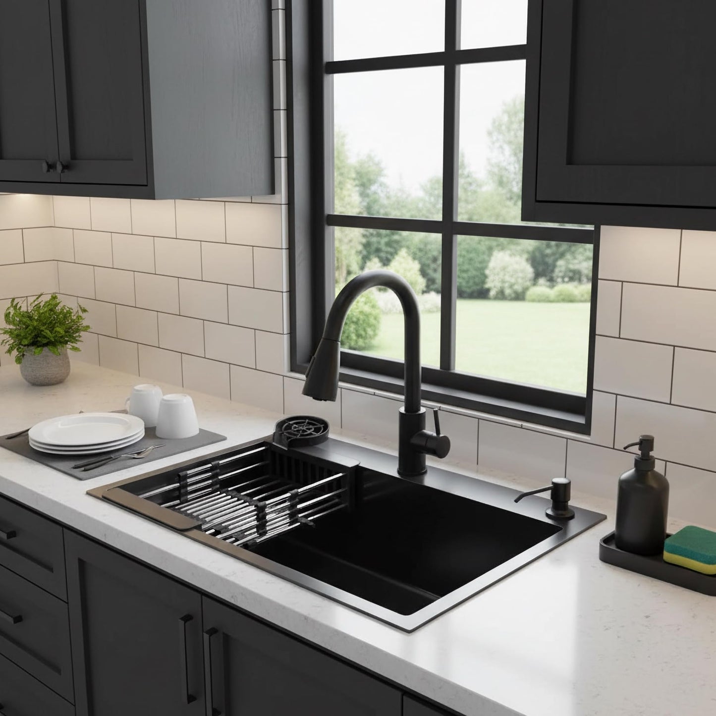 YINXSLO Black Kitchen Sink with Faucet, Top Mount/Drop-In 3 Hole Single Bowl Stainless Steel Sink with Cup Washer, Soap Dispenser, Drainage kit for Bar, Kitchen, Balcony (19.7 * 17.7in)