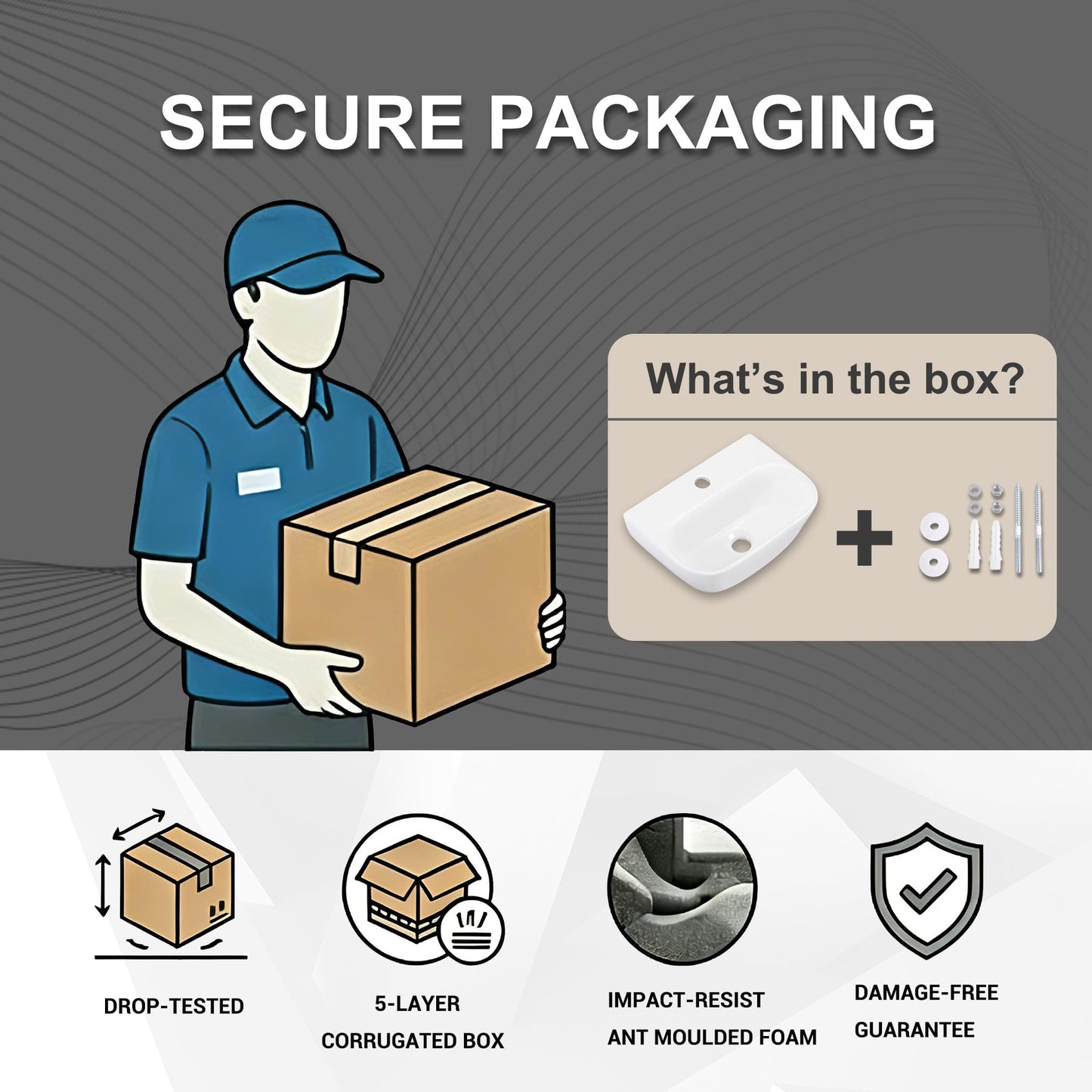 DEHOMEN 16.5" Wall Mount Bathroom Sink Rectangular Wall Hung Floating Vessel Sink Porcelain Lavatory Hand Basin for Small Bathroom,Grage White