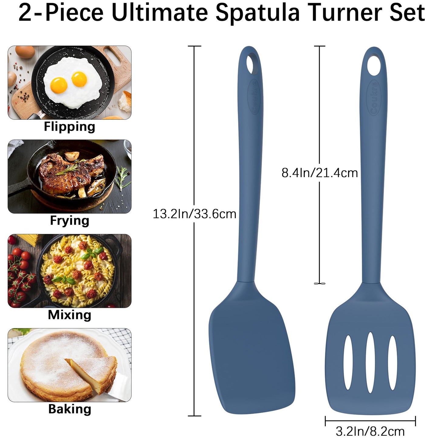Coukre 2 Pack Silicone Spatula Set, High Heat Resistant, BPA Free Kitchen Spatula, Solid & Slotted Turner for Non-Stick Pans, Sautéing, and Flipping (2, PureDarkBlue)