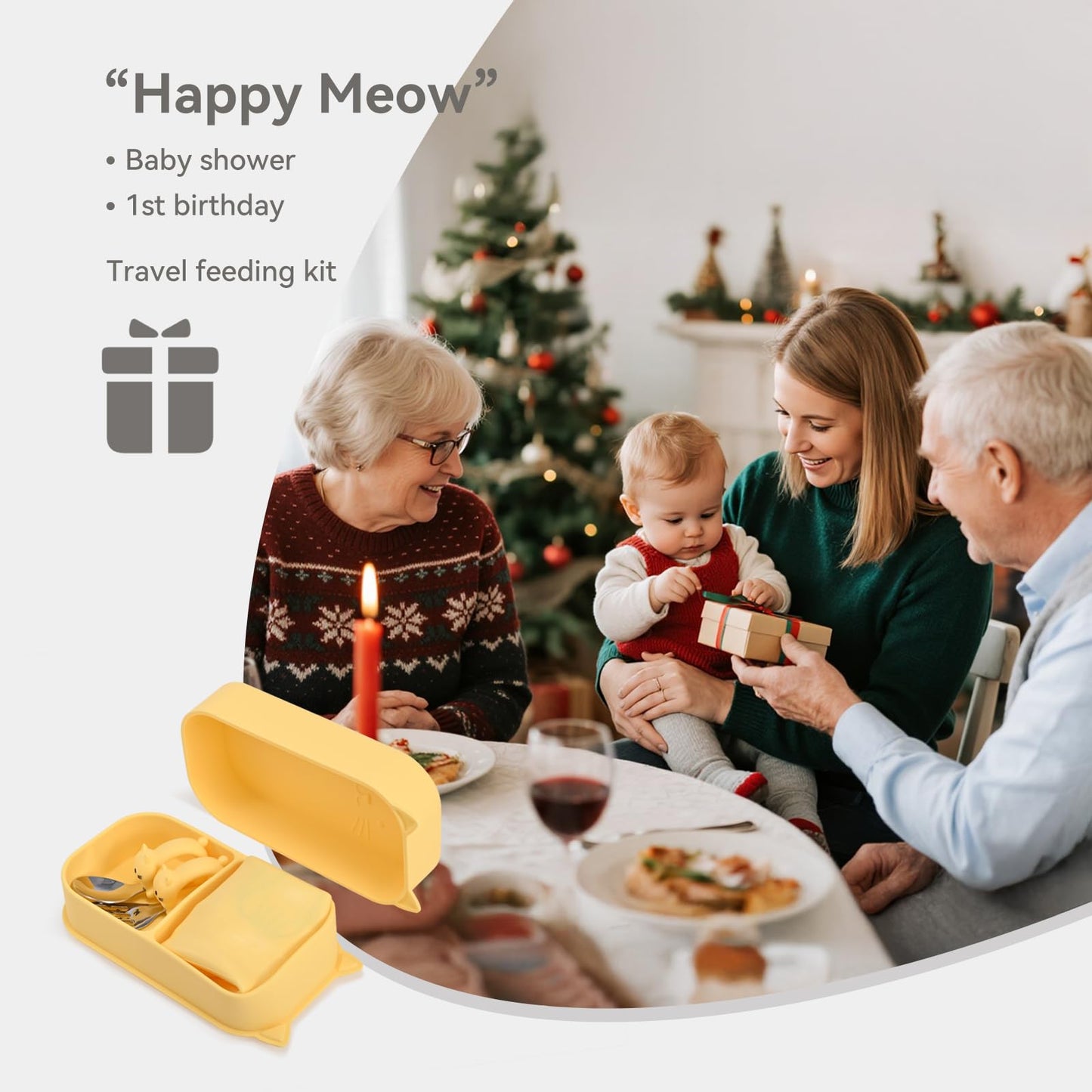 Mossora Portable Baby Plates with Suction, 6Pcs Travel Silicone Feeding Set for Toddlers, Foldable, Non-Slip Dishwasher Safe Plates & Utensils, BPA Free, Cat Design Gift Ready(Pale Yellow)