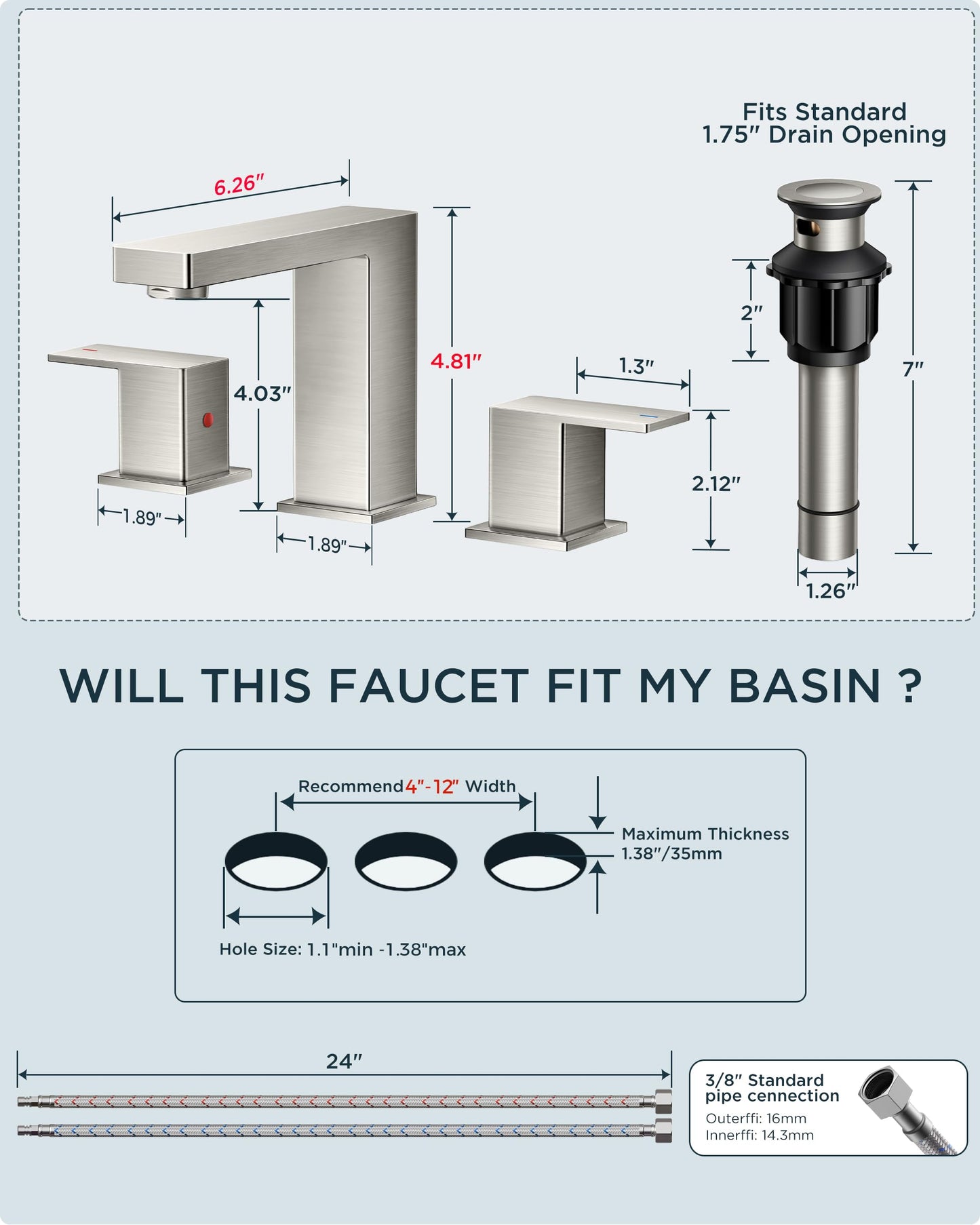 FORIOUS Chrome Bathroom Faucet 3 Hole, 2 Handle Polished Chrome 8 in Widespread Lavatory Faucet for Bathroom Sink with Pop up Drain, CUPC Supply Hose and Spare Water Saving Aerator