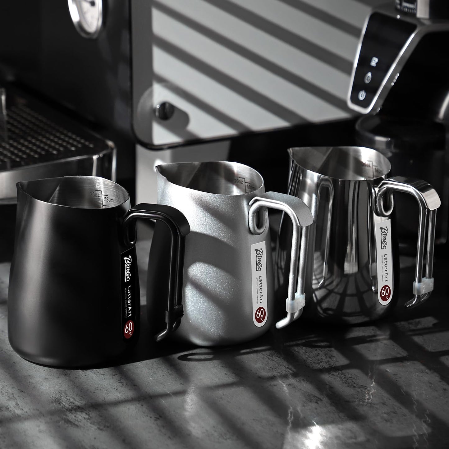 Bincoo Espresso Milk Frothing Pitcher Stainless Steel 20oz/600ML Coffee Milk Frother Cup-Milk Frothing Pitcher with Measurement Lines,Ergonomic Handle for Latte Art & Cappuccin(Steel)