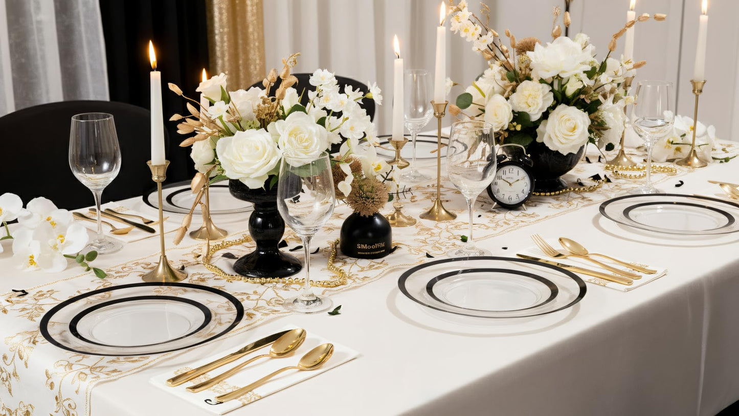 supernal 120PCS Black Rimmed Clear Plastic Plates, Heavy Duty Disposable Dinnerware Set - 60 Dinner & 60 Dessert Plates for 2026 Graduation Party, Black and White Wedding Reception & Elegant Catering