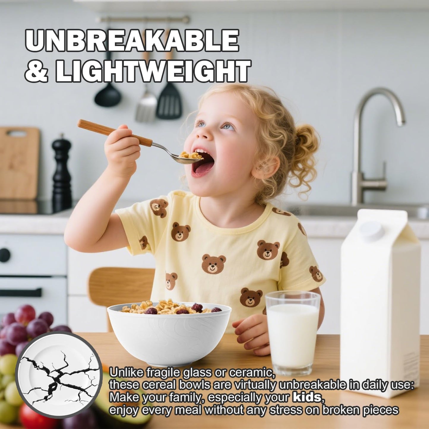 Perlapoc Wheat Straw Cereal Bowls 40 OZ, Unbreakable Bowls Set of 6, Microwave & Dishwasher Safe Bowl for Kitchen, Reusable Plastic Bowl for Cereal, Soup, Salad and Ramen, White