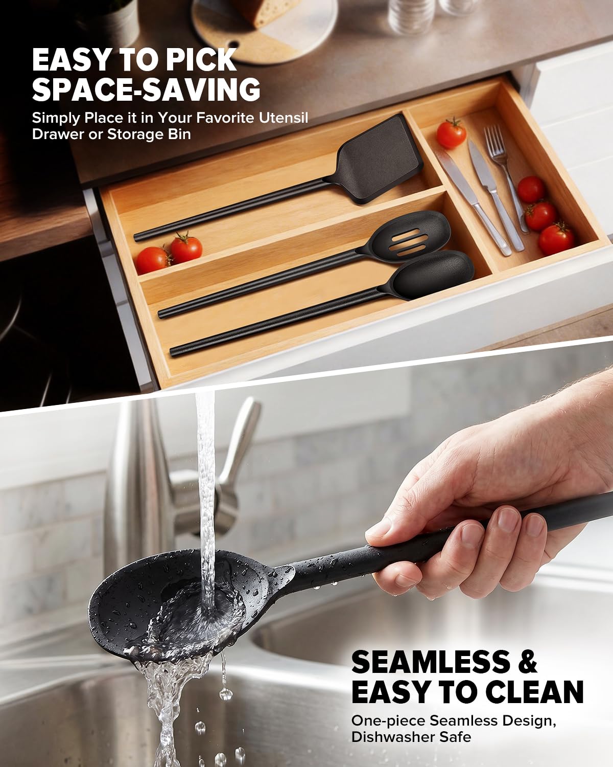 Silicone Cooking Utensils Set, Heat Resistant Non-Stick Long Handle Silicone Spatulas Turner & Spoons Set, BPA-Free Solid & Slotted Kitchen Tools for Frying, Stirring & Serving (4 Pack) (BLACK)